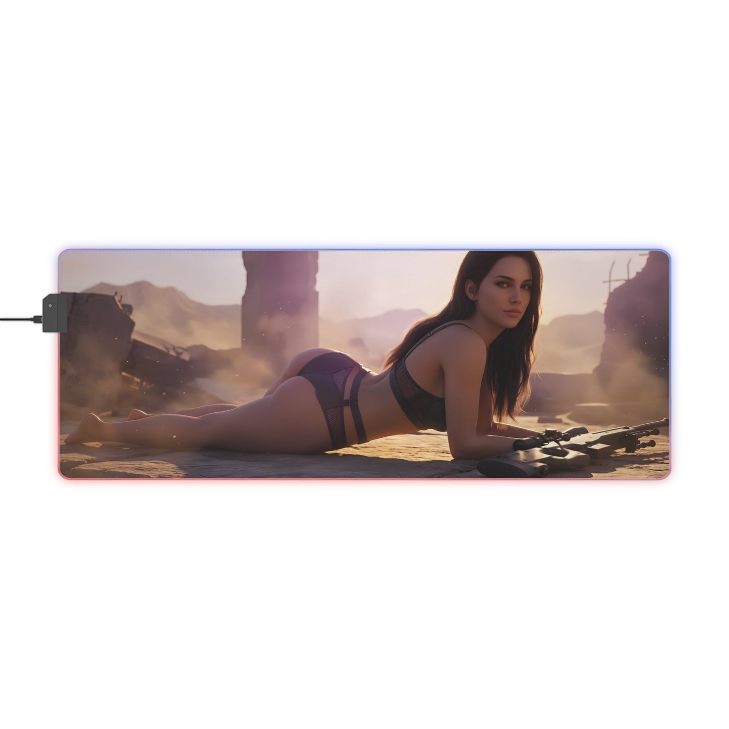 Quiet RGB Mouse Pad – Metal Gear Solid Illuminated Desk Mat, Tactical Gamer Setup featuring tactical heroine artwork, RGB edge lighting and extended desk coverage