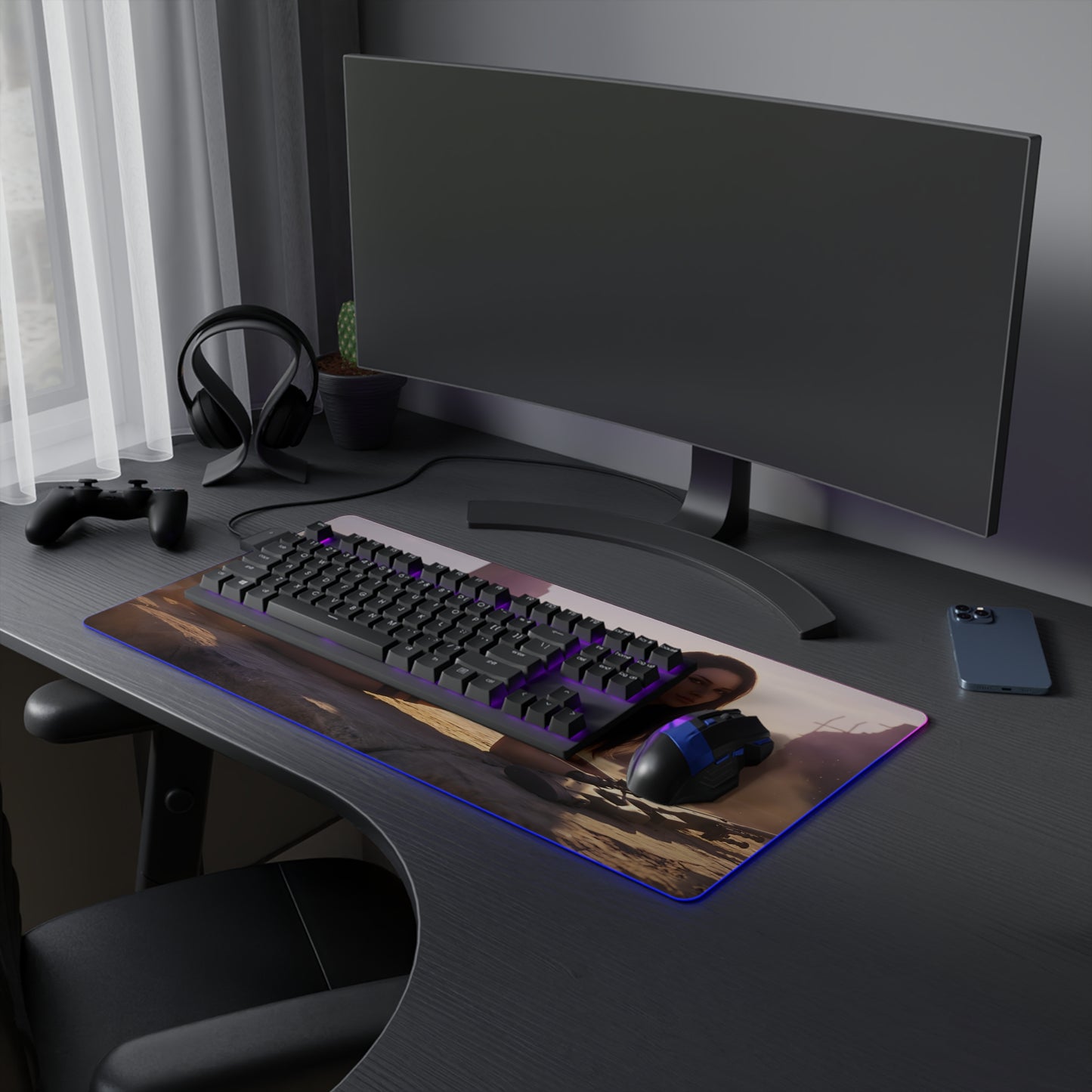 Quiet RGB Mouse Pad – Metal Gear Solid Illuminated Desk Mat, Tactical Gamer Setup with tactical heroine artwork, RGB edge lighting, extended desk mat