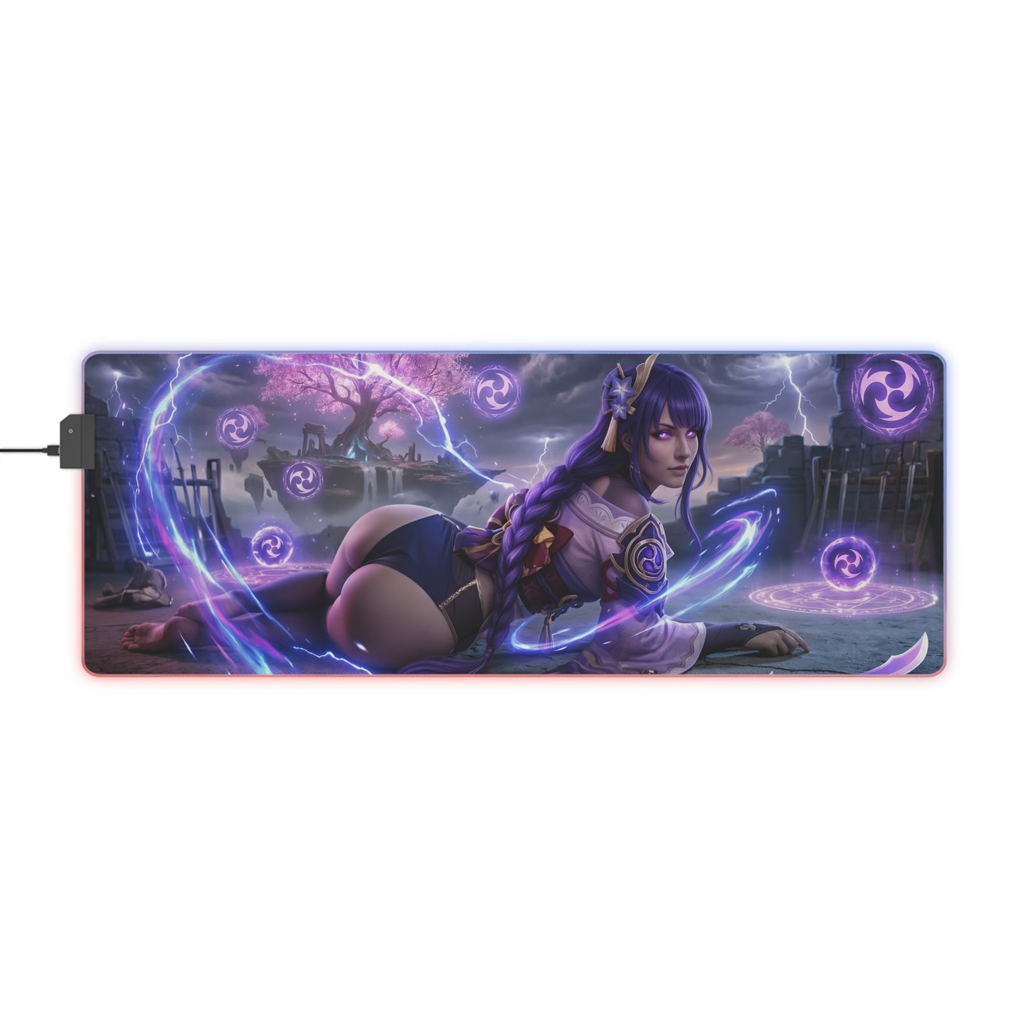 Genshin Impact Mouse Pad, Raiden Shogun LED RGB Desk Mat, Gift for Gamer, Anime Room Decor - Raiden Shogun purple lightning gaming desk mat