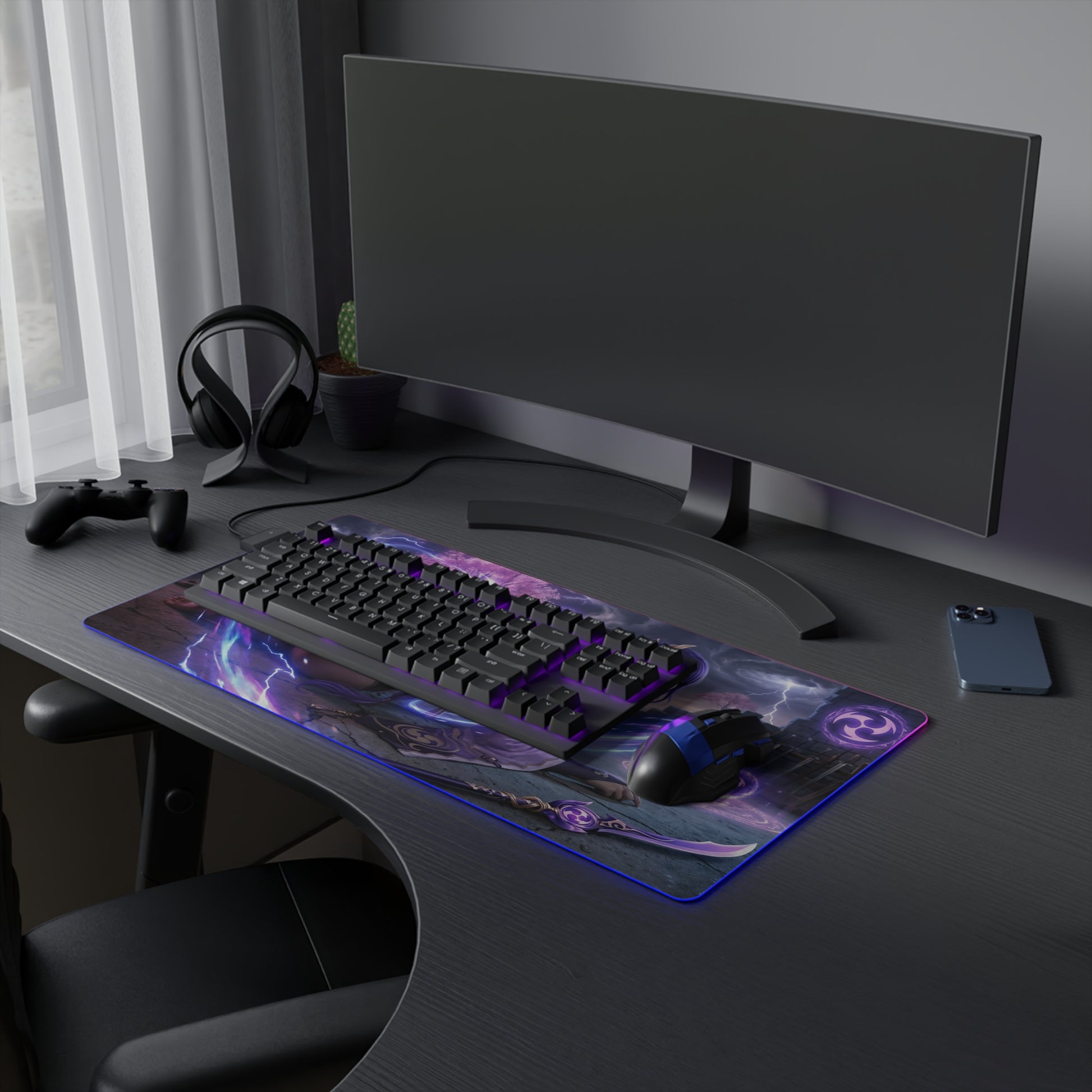 Genshin Impact Mouse Pad, Raiden Shogun LED RGB Desk Mat, Gift for Gamer, Anime Room Decor - purple lightning gaming desk mat with RGB glow