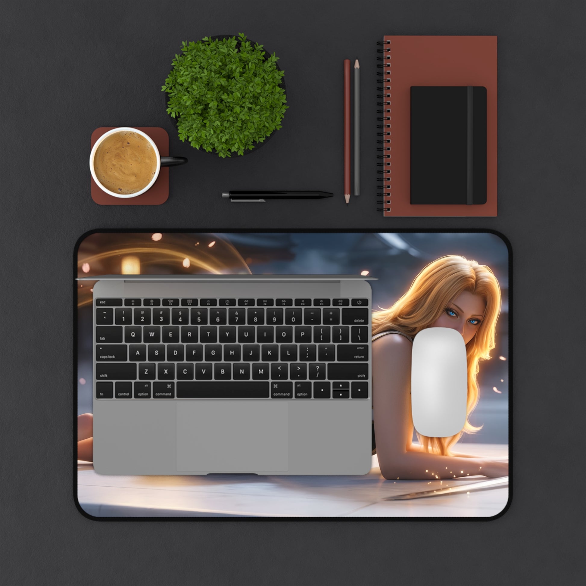 Rangiku Matsumoto Mouse Pad – Anime Gaming Mouse Pad, Stylish Gamer Desk Decor on a modern gaming desk with laptop, mouse, coffee and notebooks