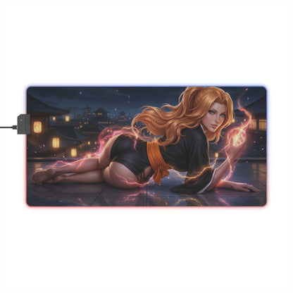 Bleach Mouse Pad, Rangiku Matsumoto LED RGB Desk Mat, Gift for Gamer, Anime Room Decor — Rangiku reclining with glowing aura on RGB desk mat