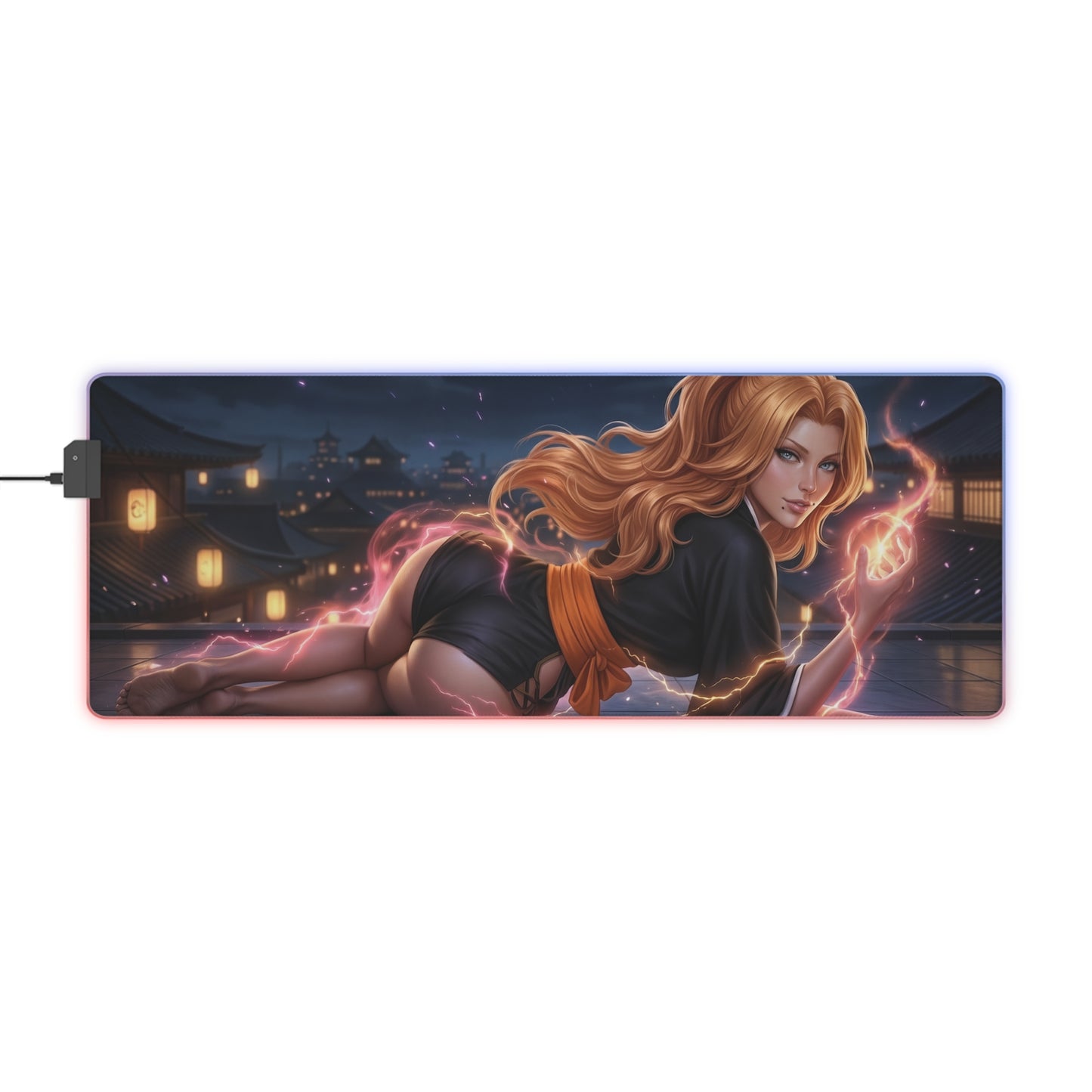 Bleach Mouse Pad, Rangiku Matsumoto LED RGB Desk Mat, Gift for Gamer, Anime Room Decor - Rangiku reclining with glowing aura on RGB desk mat