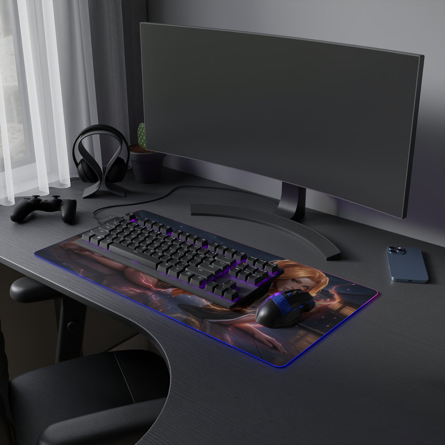 Bleach Mouse Pad, Rangiku Matsumoto LED RGB Desk Mat, Gift for Gamer, Anime Room Decor on black gaming desk with keyboard and mouse