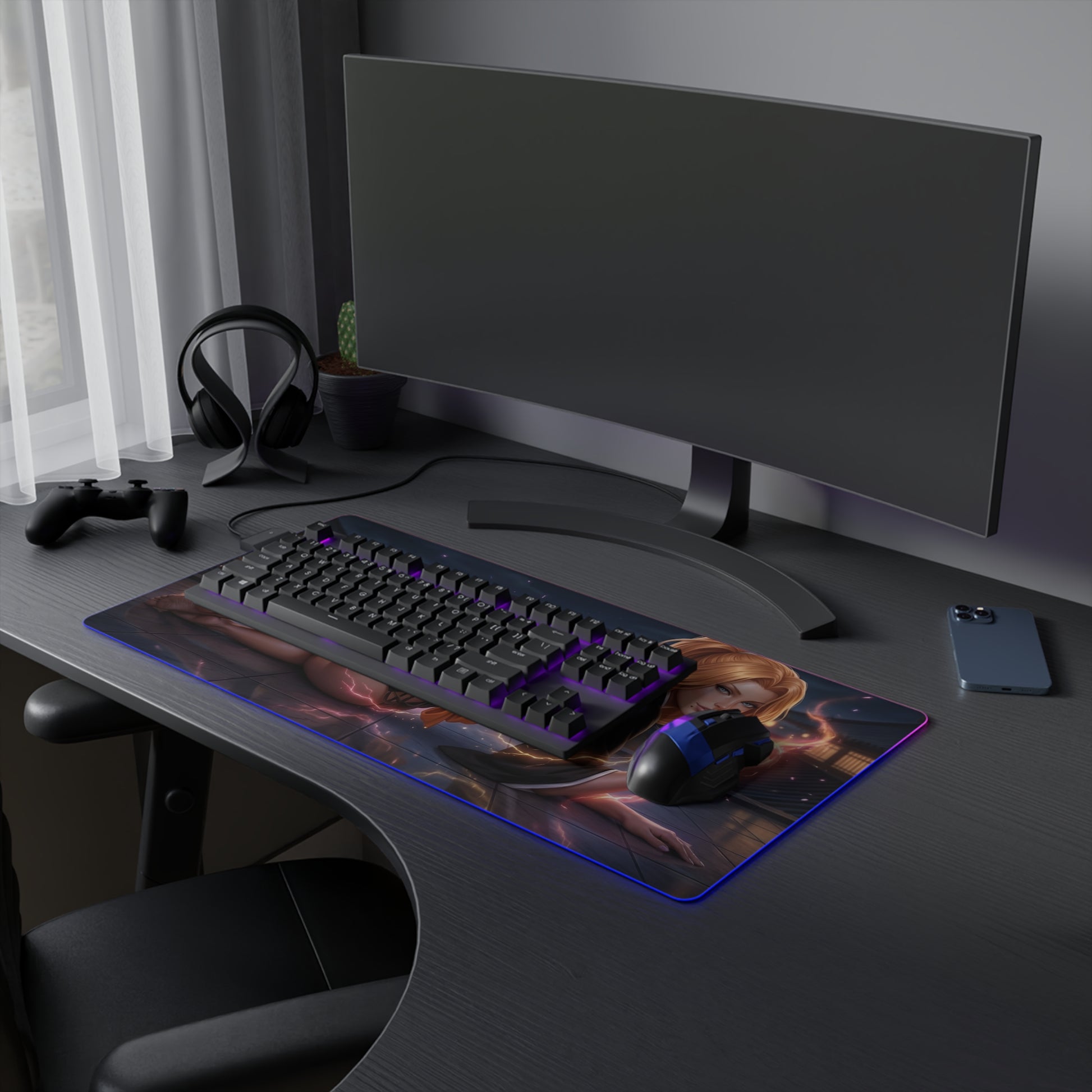 Bleach Mouse Pad, Rangiku Matsumoto LED RGB Desk Mat, Gift for Gamer, Anime Room Decor on black gaming desk with keyboard and mouse
