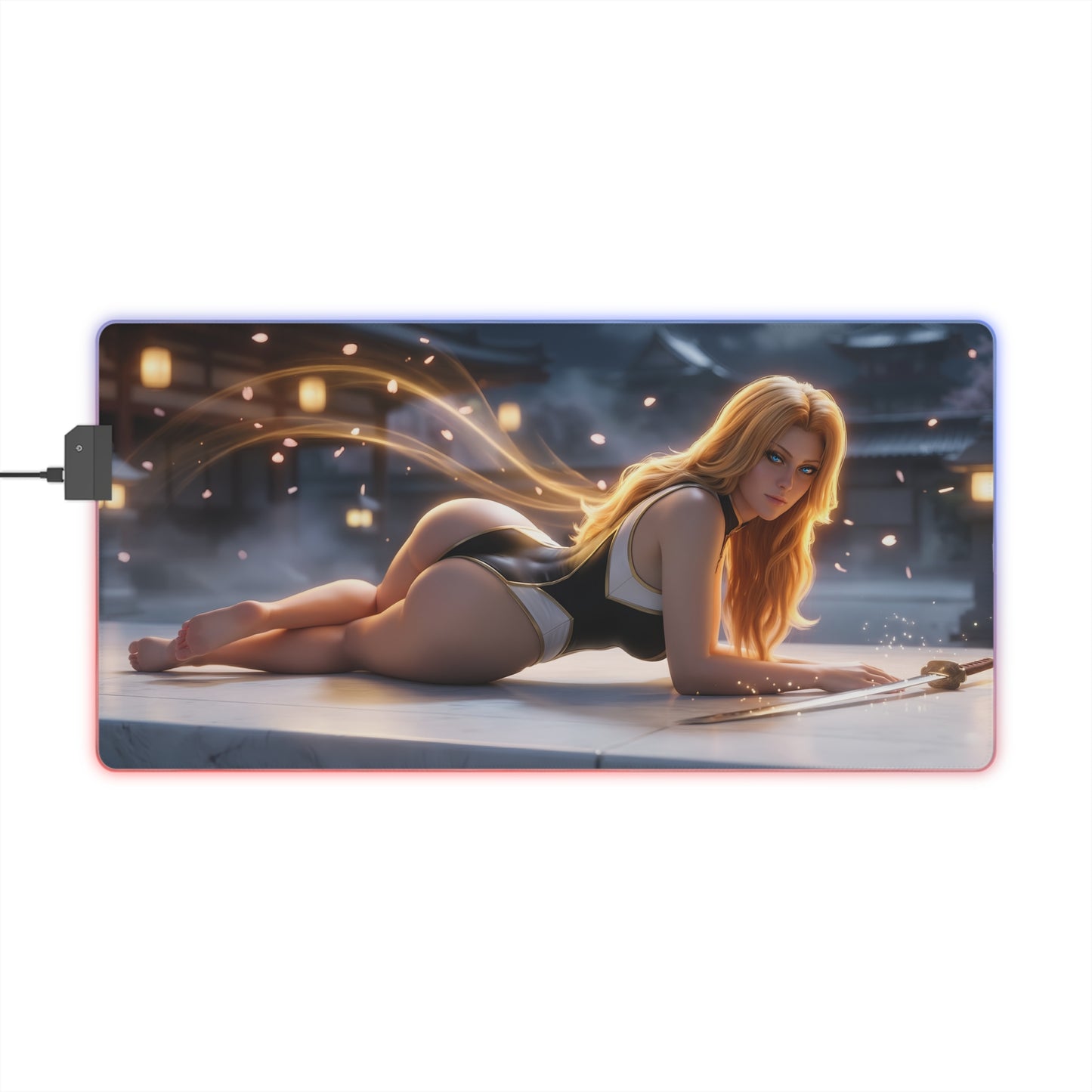 Rangiku Matsumoto RGB Mouse Pad – Bleach Anime LED Desk Mat, Otaku Gamer Decor featuring reclining anime Rangiku artwork with RGB edge lighting