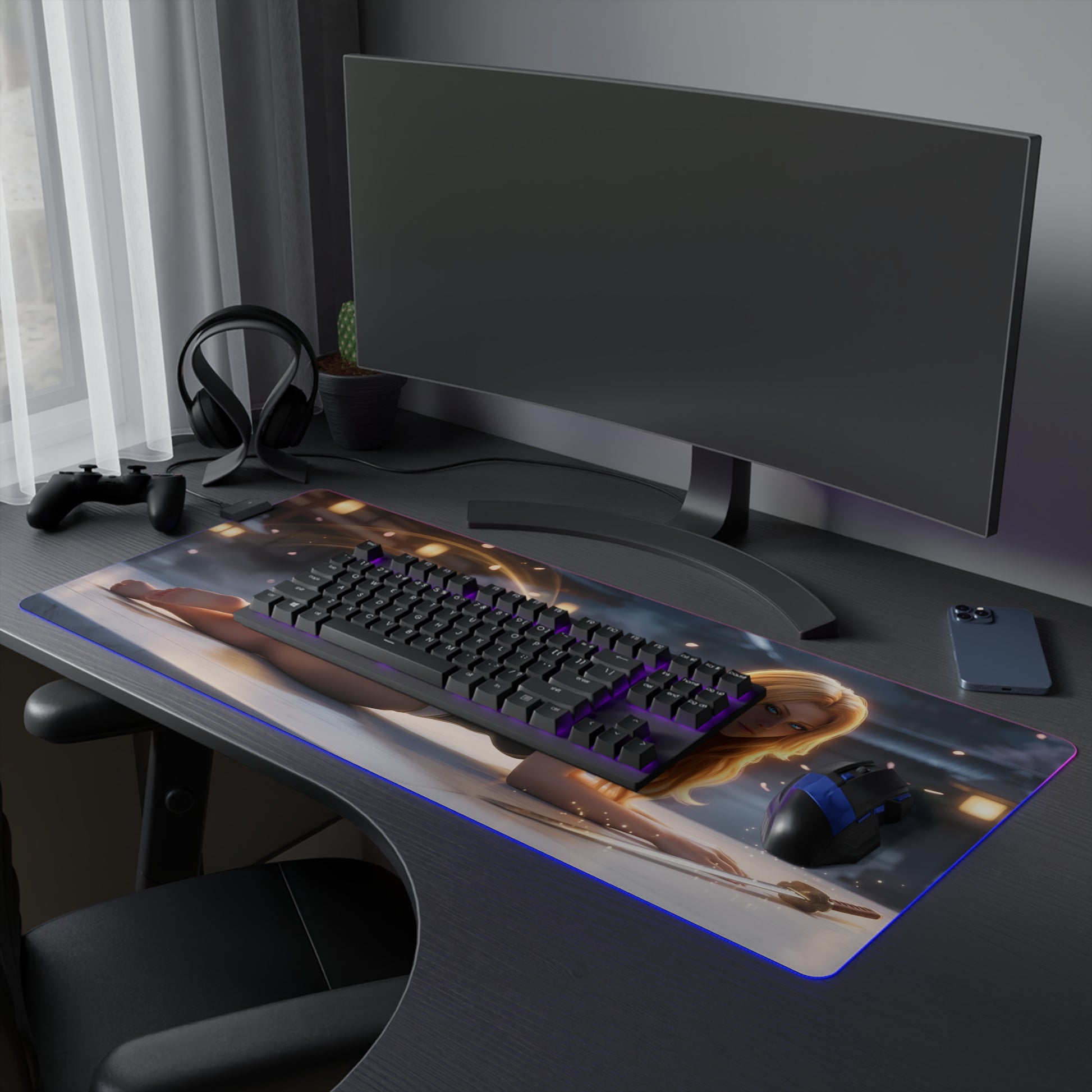 Rangiku Matsumoto RGB Mouse Pad – Bleach Anime LED Desk Mat, Otaku Gamer Decor on a gaming desk with RGB lighting and keyboard