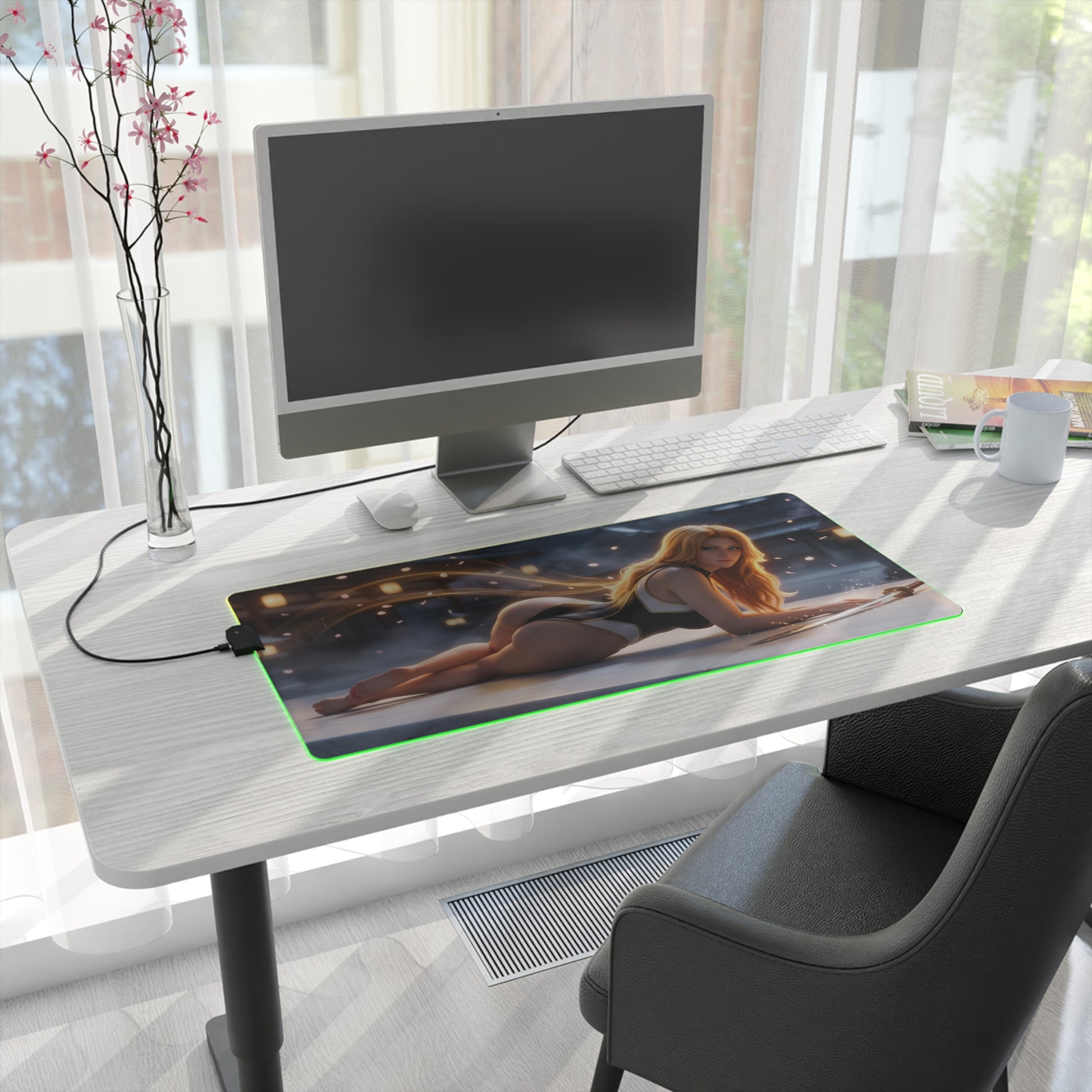 Rangiku Matsumoto RGB Mouse Pad – Bleach Anime LED Desk Mat, Otaku Gamer Decor on modern gaming desk with RGB edge lighting and smooth tracking surface