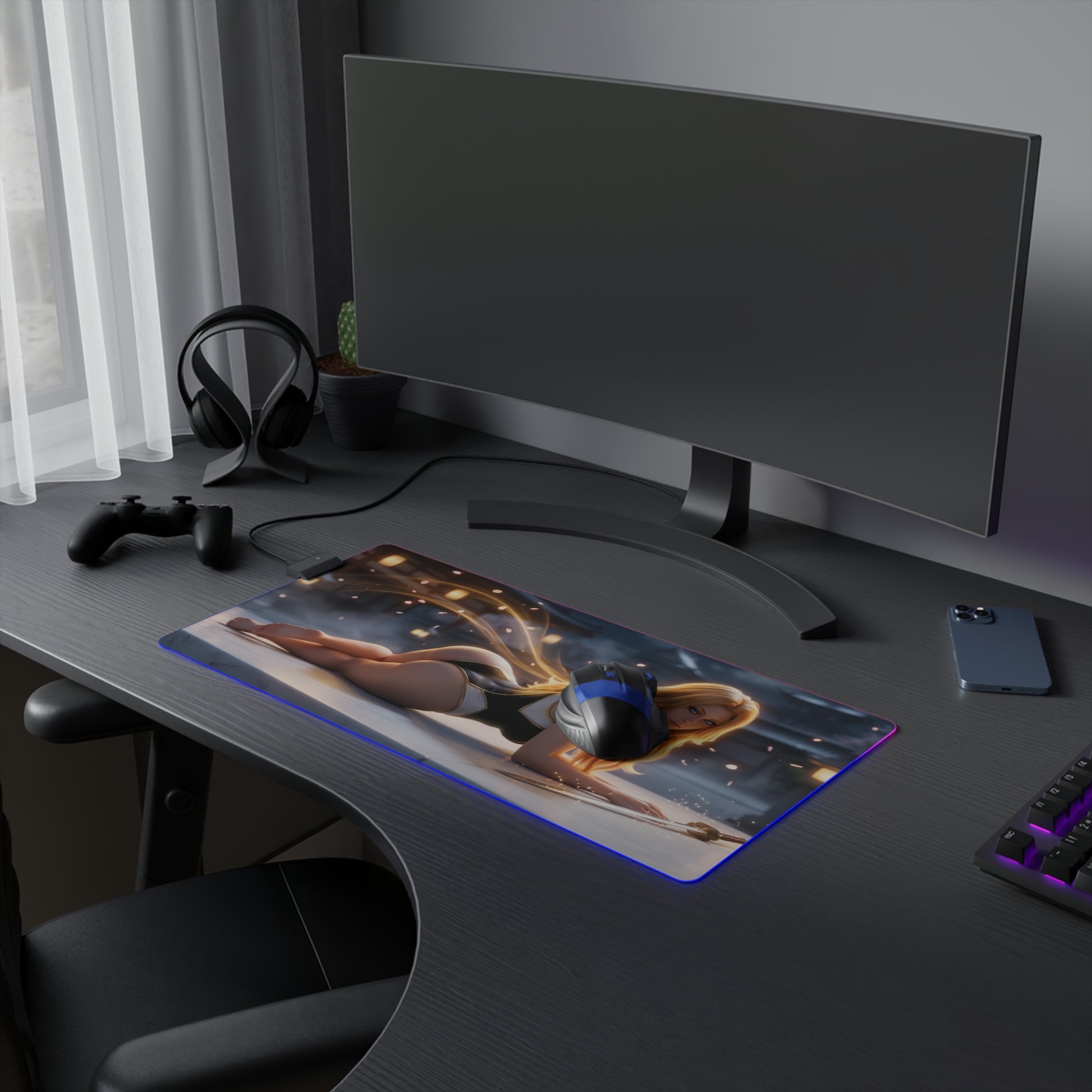 Rangiku Matsumoto RGB Mouse Pad – Bleach Anime LED Desk Mat, Otaku Gamer Decor on a gamer desk with RGB edge lighting and high-def character print