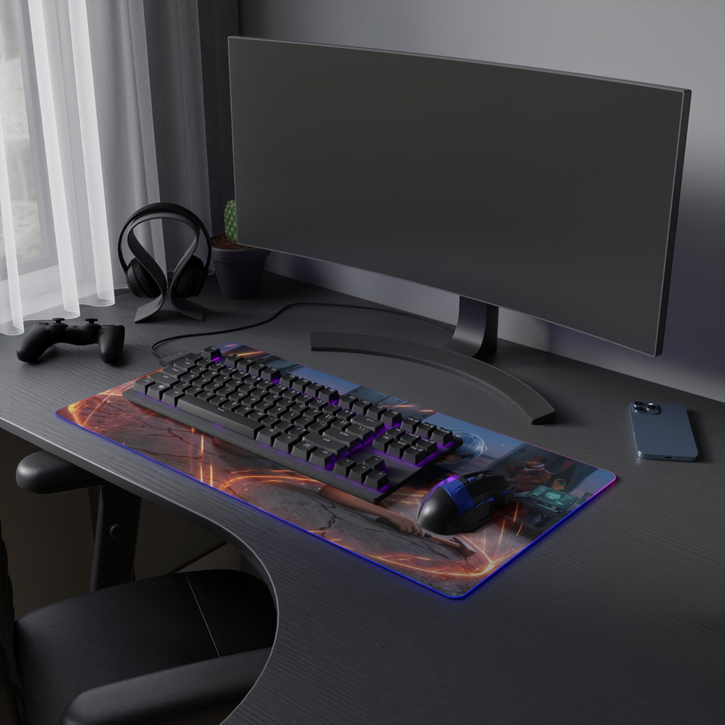 Anime Mouse Pad, Rei Ayanami LED RGB Desk Mat, Gift for Gamer, Otaku Room Decor — RGB-lit Rei Ayanami gaming desk mat with smooth precision-cloth surface