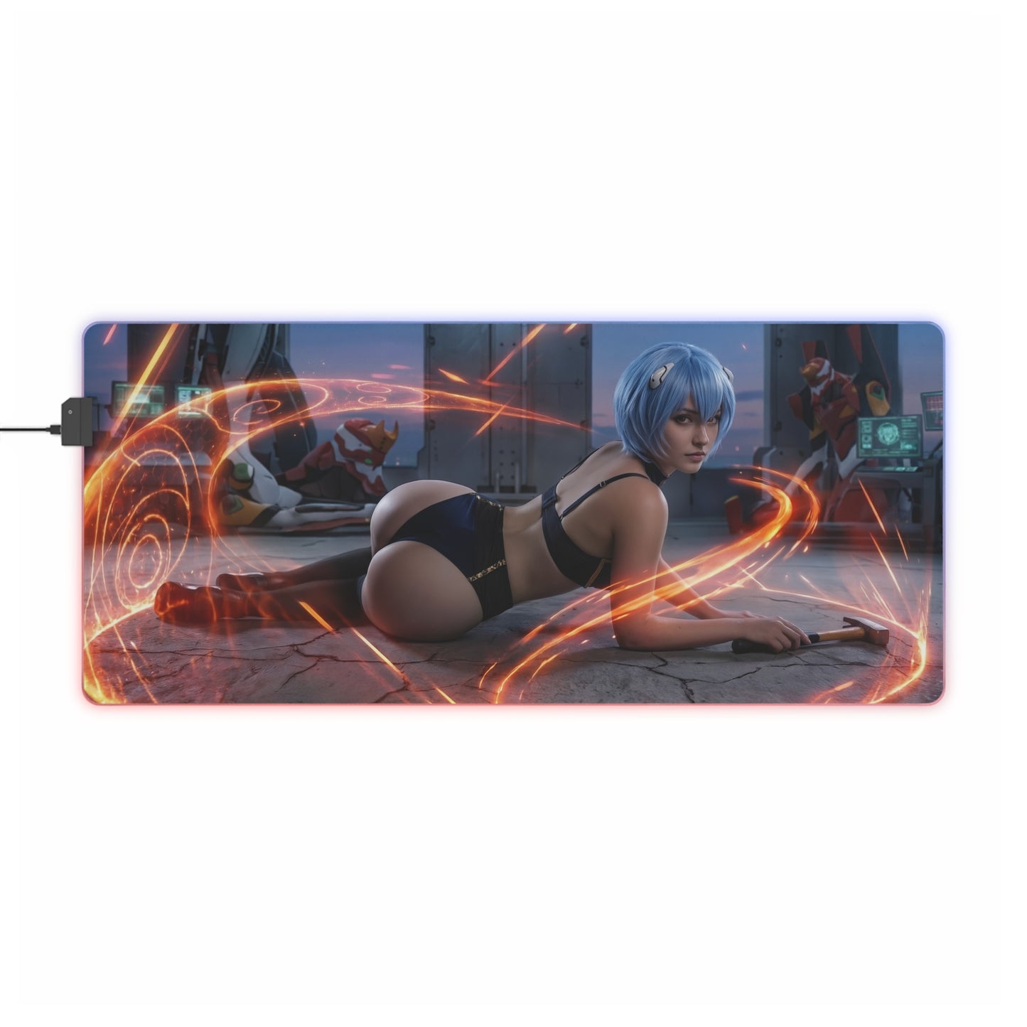 Anime Mouse Pad, Rei Ayanami LED RGB Desk Mat, Gift for Gamer, Otaku Room Decor - sexy Rei Ayanami sci‑fi desk mat with blue tones and RGB glow