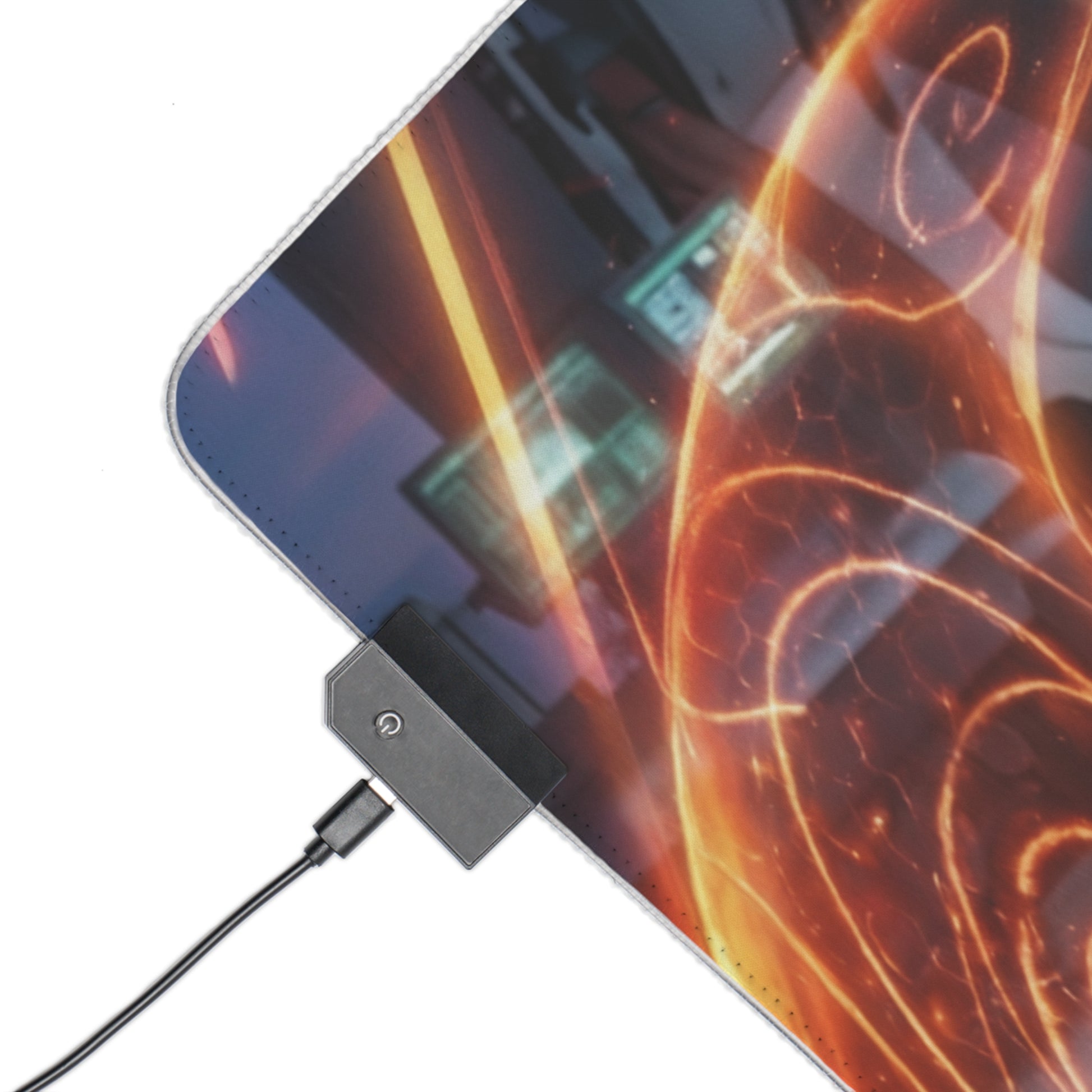 Anime Mouse Pad, Rei Ayanami LED RGB Desk Mat, Gift for Gamer, Otaku Room Decor — close-up of RGB edge and USB connector on fiery sci‑fi desk mat