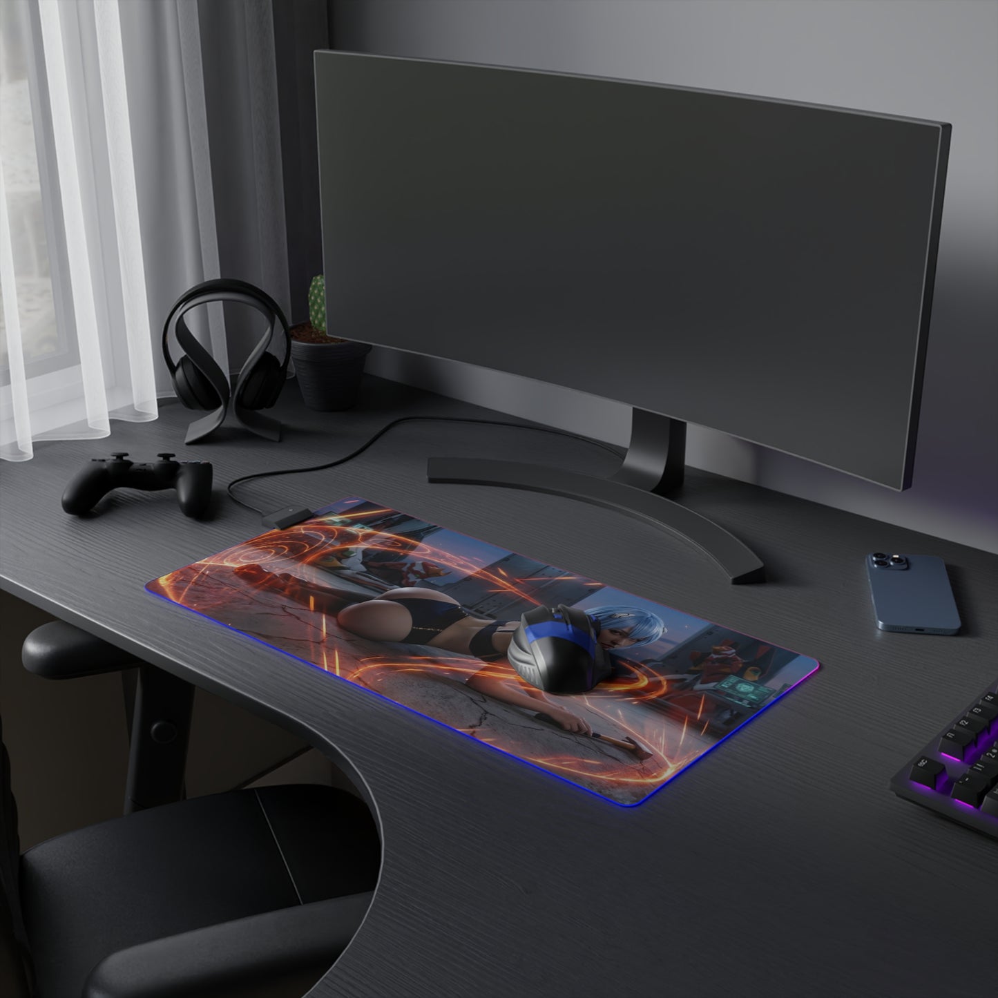 Anime Mouse Pad, Rei Ayanami LED RGB Desk Mat, Gift for Gamer, Otaku Room Decor — Rei Ayanami blue-toned LED RGB gaming desk mat on black setup