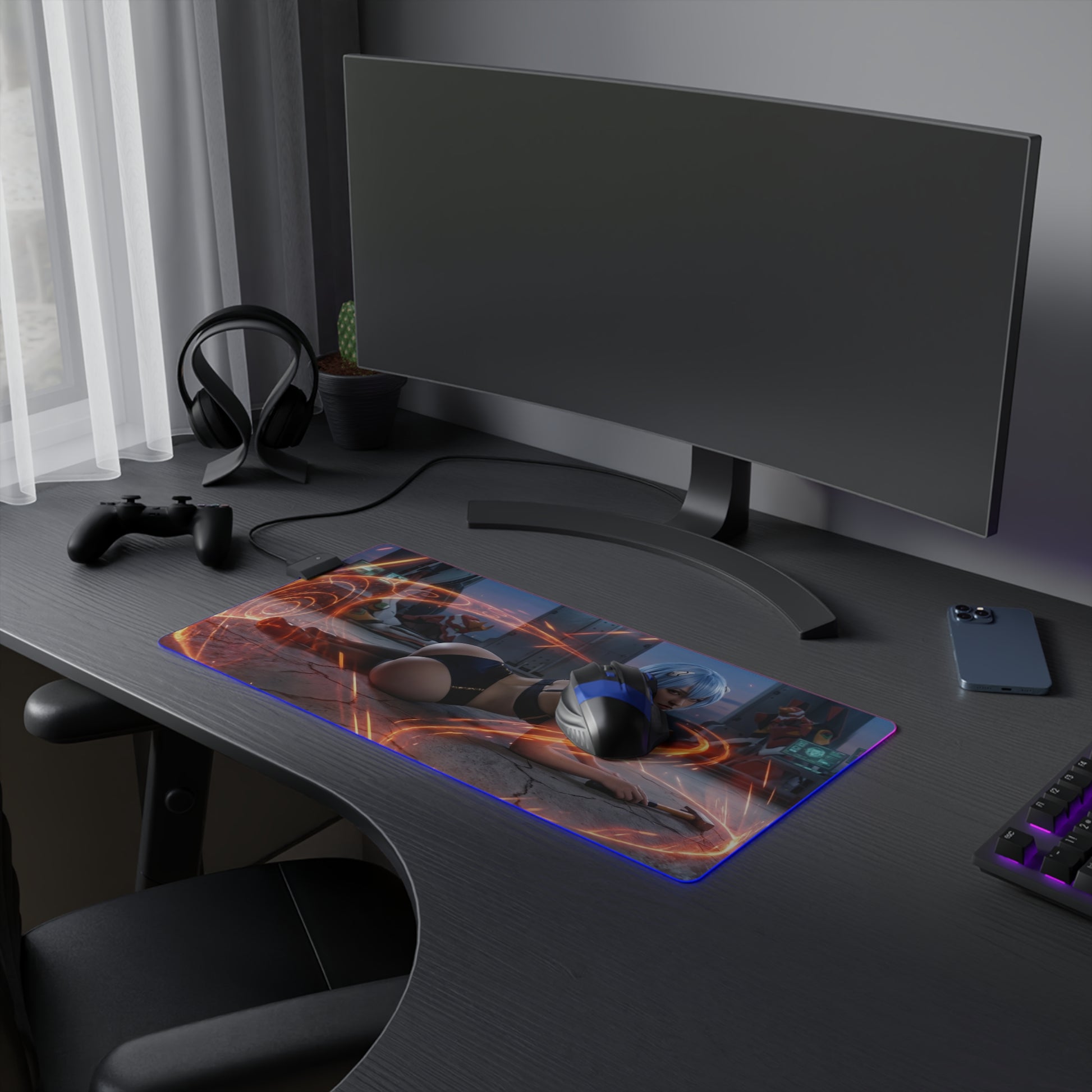 Anime Mouse Pad, Rei Ayanami LED RGB Desk Mat, Gift for Gamer, Otaku Room Decor — Rei Ayanami blue-toned LED RGB gaming desk mat on black setup