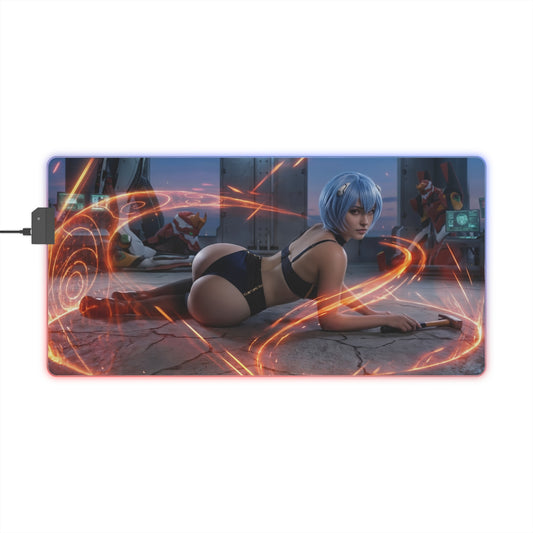 Anime Mouse Pad, Rei Ayanami LED RGB Desk Mat, Gift for Gamer, Otaku Room Decor - Rei Ayanami blue-tone gaming desk mat with LED RGB border