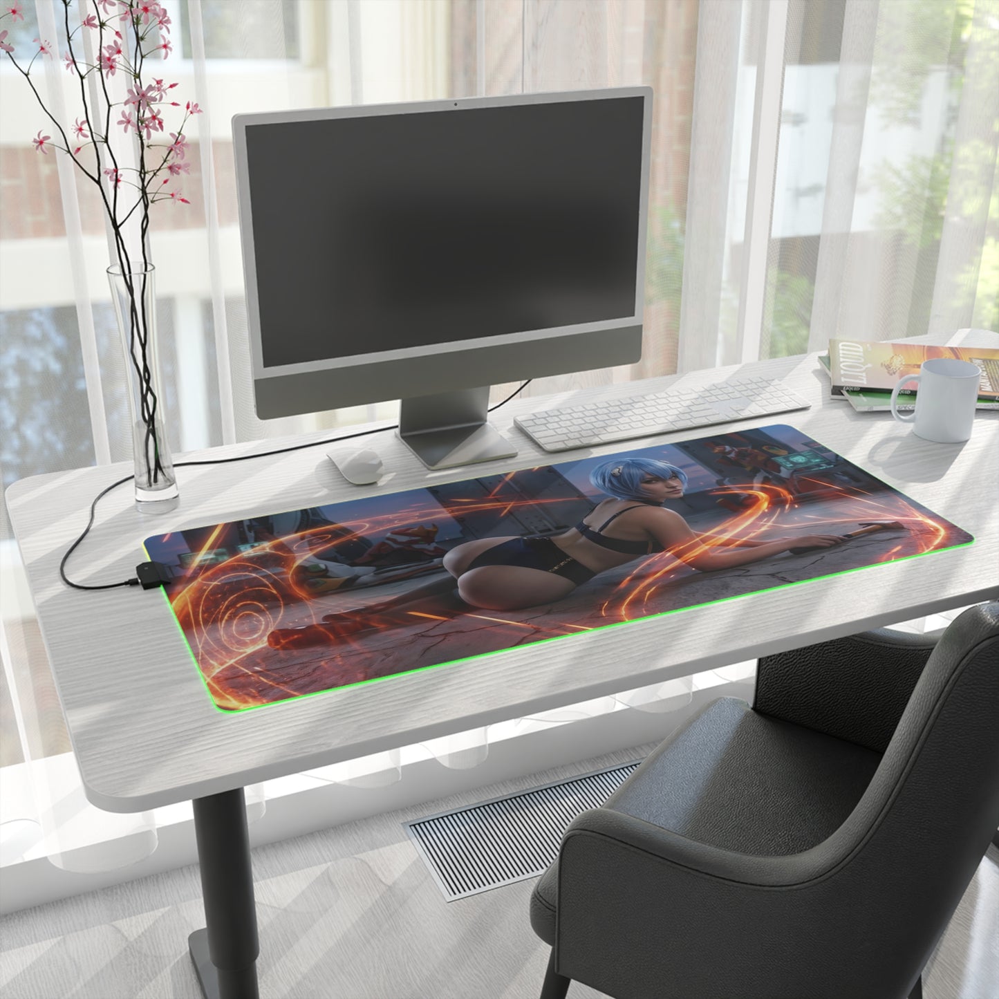 Anime Mouse Pad, Rei Ayanami LED RGB Desk Mat, Gift for Gamer, Otaku Room Decor on white desk with monitor and RGB glow