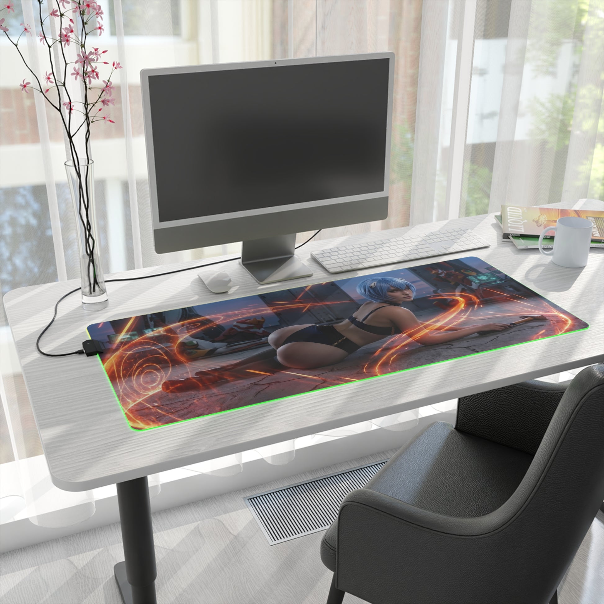 Anime Mouse Pad, Rei Ayanami LED RGB Desk Mat, Gift for Gamer, Otaku Room Decor on white desk with monitor and RGB glow