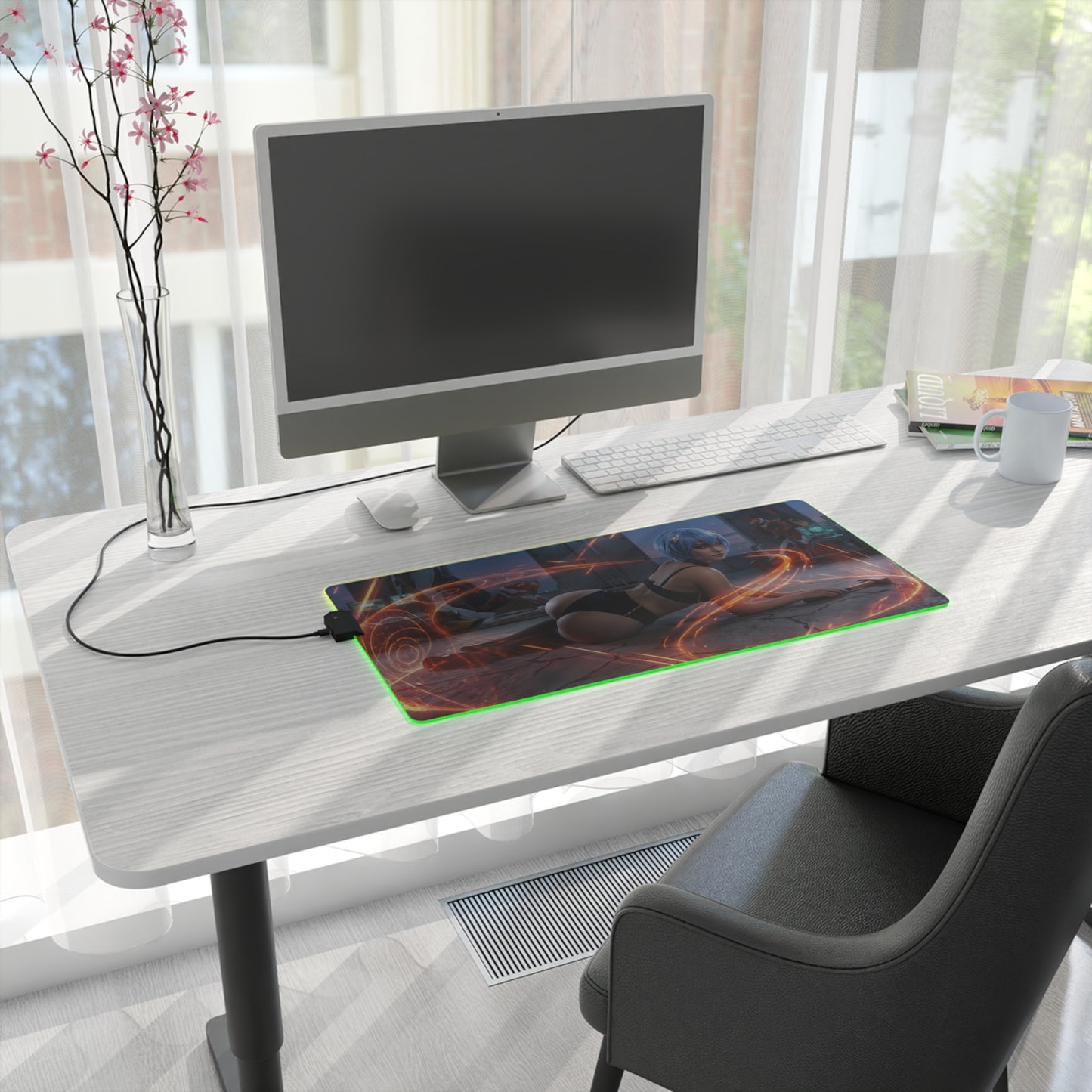 Anime Mouse Pad, Rei Ayanami LED RGB Desk Mat, Gift for Gamer, Otaku Room Decor on white desk with monitor, RGB edge and smooth cloth surface