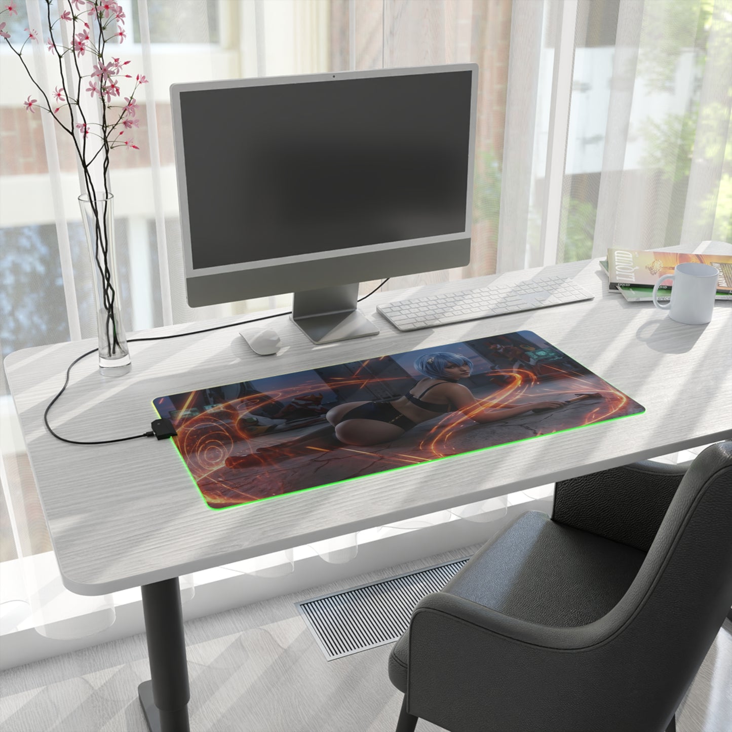 Anime Mouse Pad, Rei Ayanami LED RGB Desk Mat, Gift for Gamer, Otaku Room Decor on minimalist white desk with monitor and RGB glow