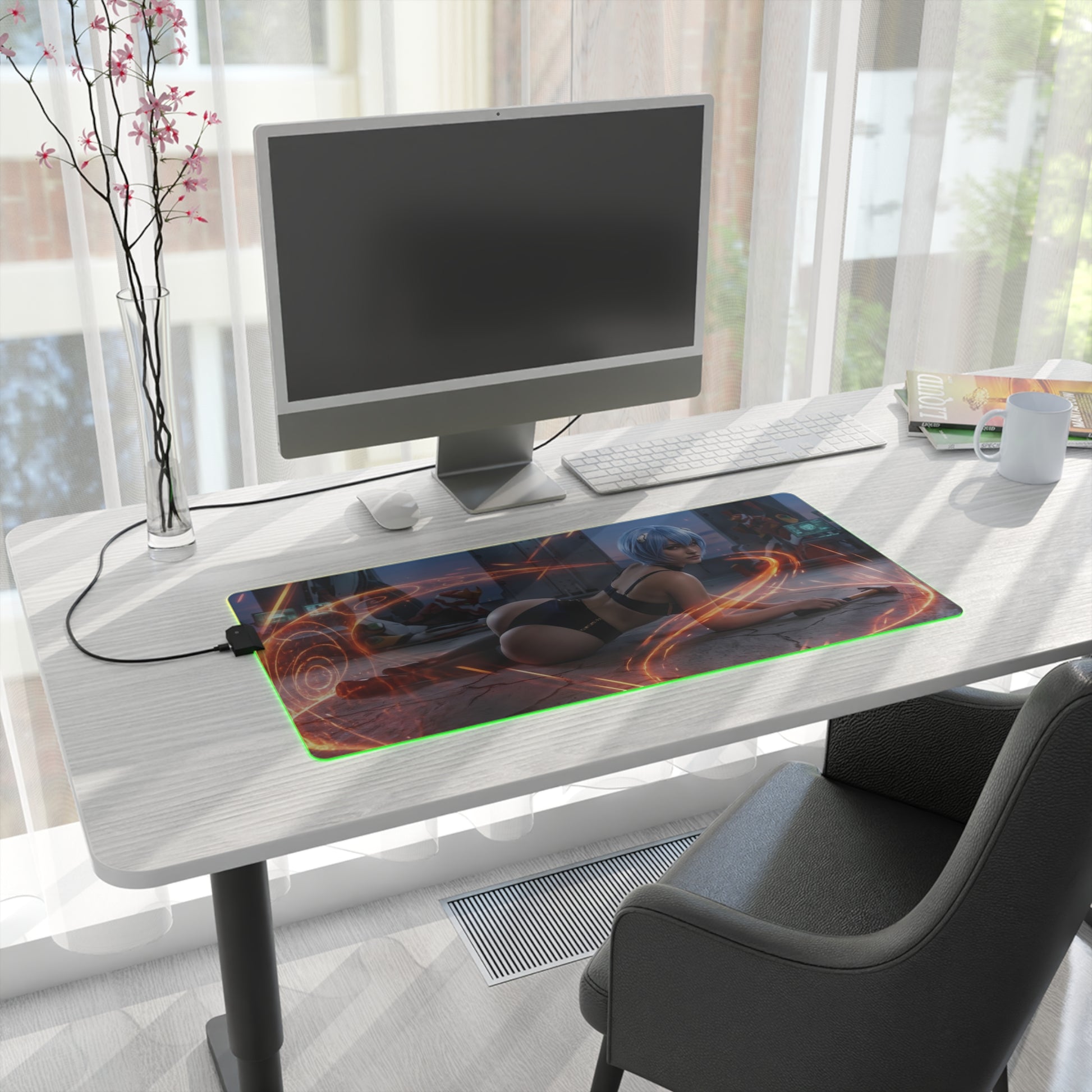 Anime Mouse Pad, Rei Ayanami LED RGB Desk Mat, Gift for Gamer, Otaku Room Decor on minimalist white desk with monitor and RGB glow
