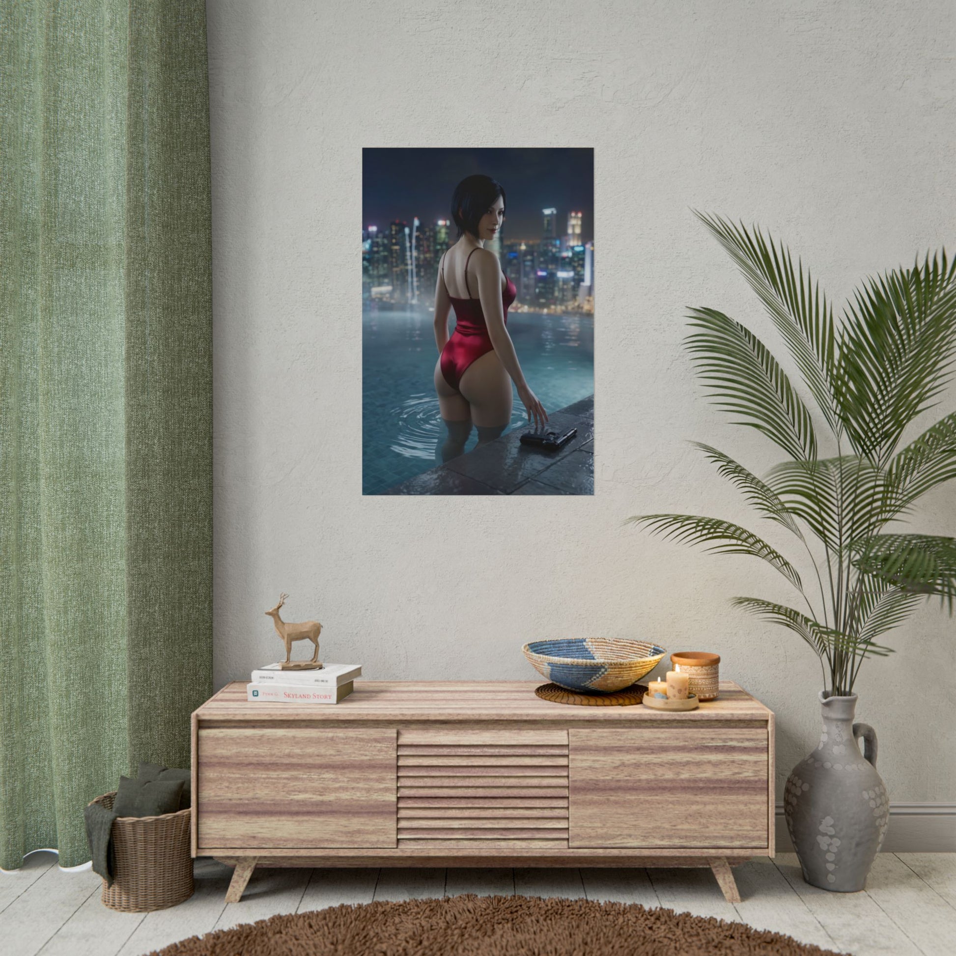 Resident Evil Poster – Ada Wong Art Print, Survival Horror Wall Art featuring Ada Wong in rooftop infinity pool at night overlooking futuristic city