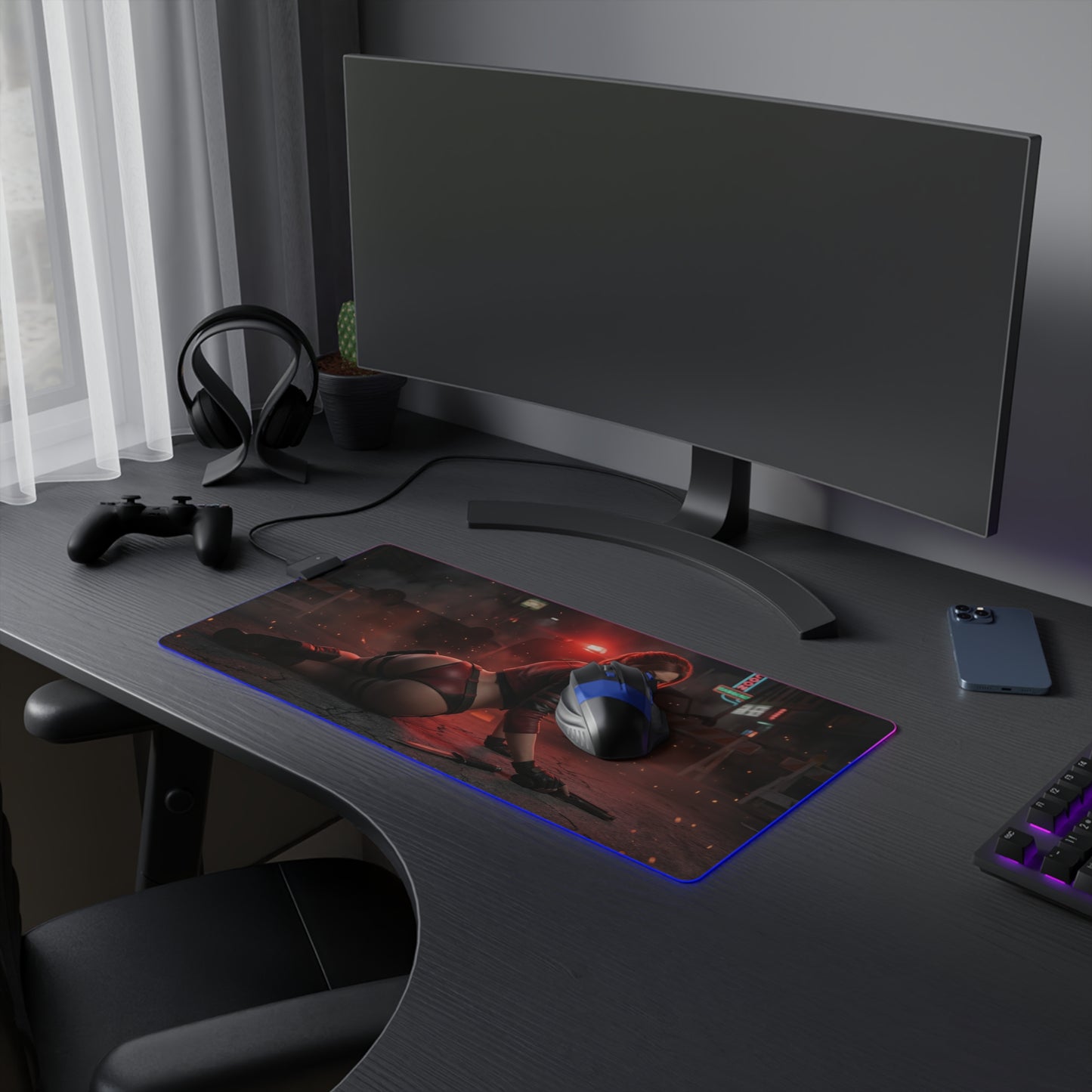 Resident Evil Mouse Pad, Claire Redfield LED RGB Desk Mat, Gift for Gamer, Horror Room Decor showcasing Claire art on a large RGB desk mat