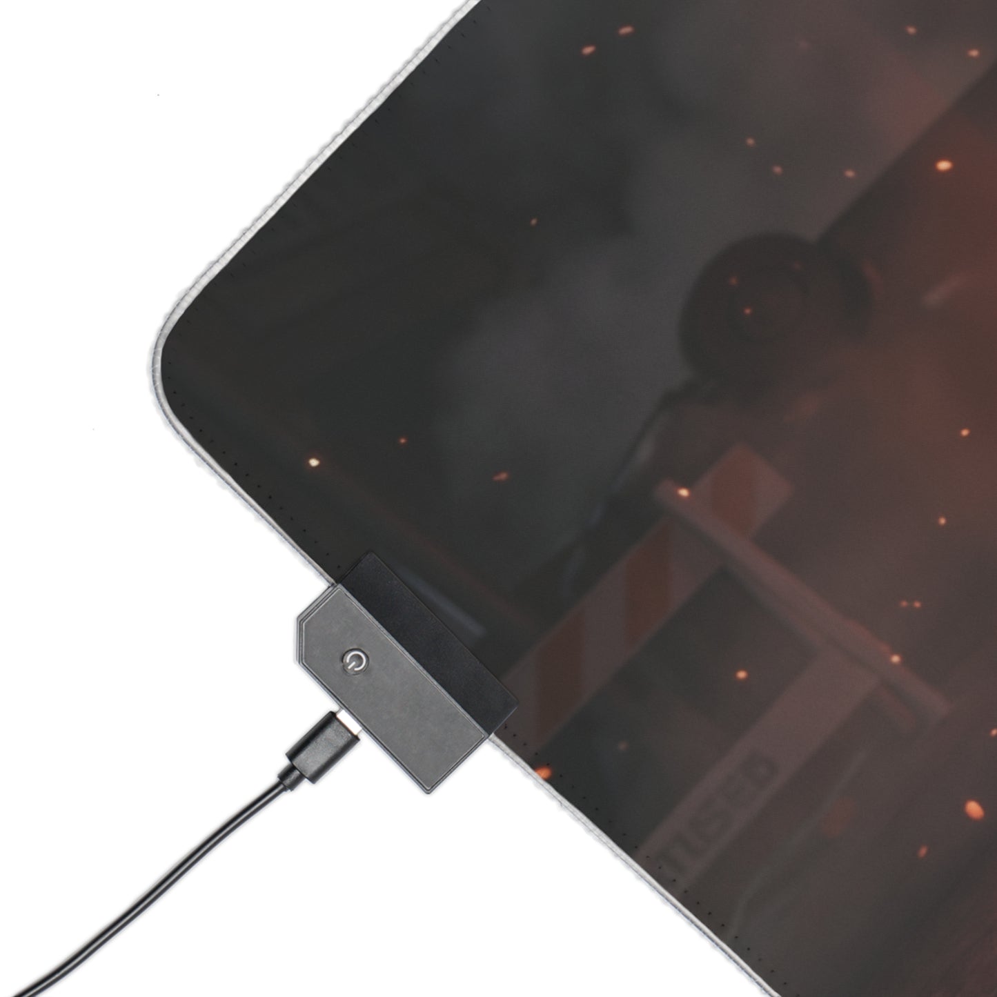 Resident Evil Mouse Pad, Claire Redfield LED RGB Desk Mat, Gift for Gamer, Horror Room Decor — close-up of USB LED connector and stitched edge