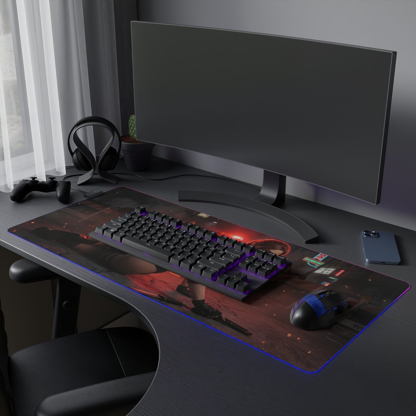 Resident Evil Mouse Pad, Claire Redfield LED RGB Desk Mat, Gift for Gamer, Horror Room Decor on gaming desk with keyboard and mouse