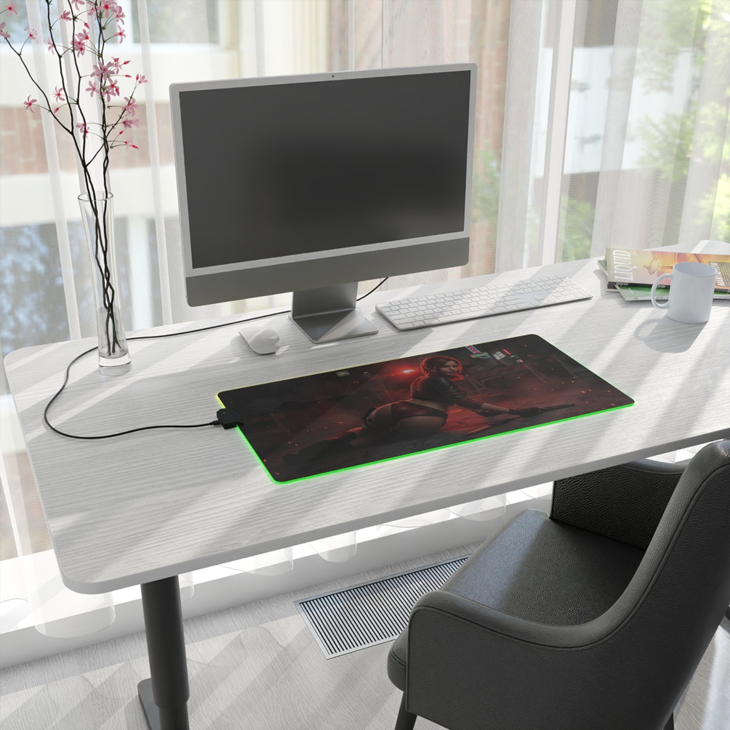 Resident Evil Mouse Pad, Claire Redfield LED RGB Desk Mat, Gift for Gamer, Horror Room Decor on modern white desk with green RGB lighting