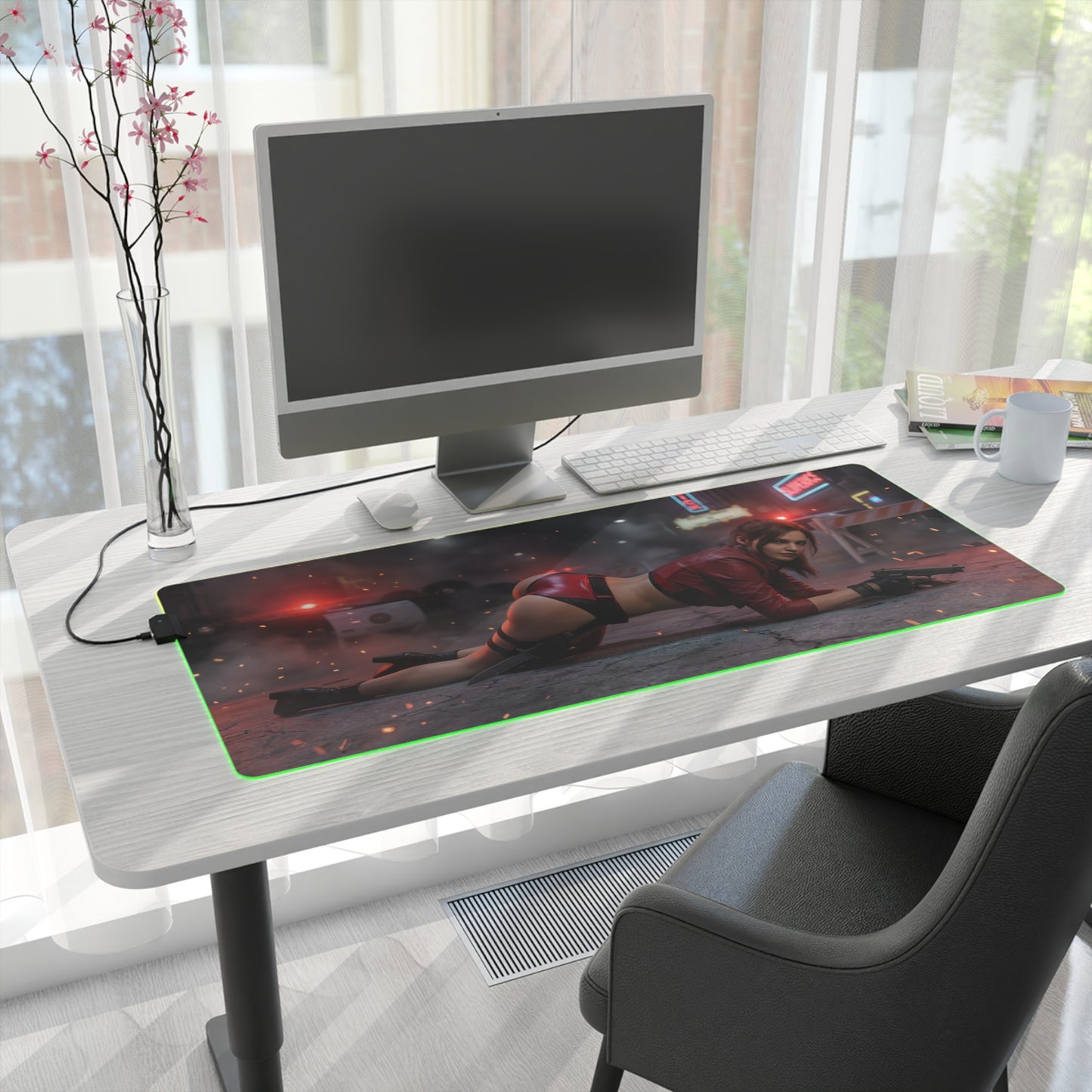 Resident Evil Mouse Pad, Claire Redfield RGB Gaming Desk Mat, Gift for Gamer, Gamer Room Decor - Claire reclining desk mat with RGB edge on white gaming desk