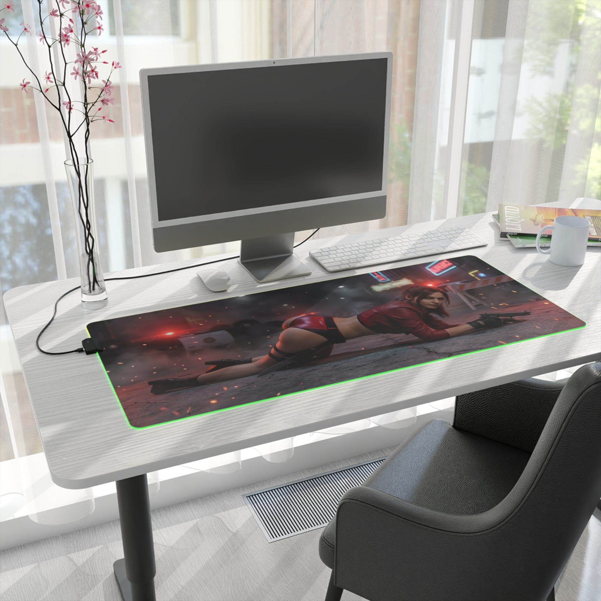 Resident Evil Mouse Pad, Claire Redfield RGB Gaming Desk Mat, Gift for Gamer, Gamer Room Decor - Claire reclining desk mat with RGB edge on white gaming desk