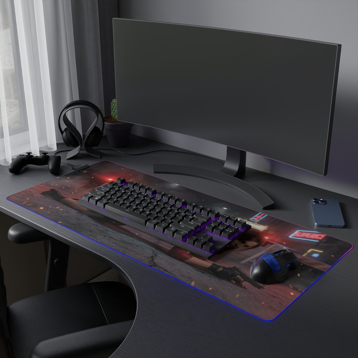 Resident Evil Mouse Pad, Claire Redfield RGB Gaming Desk Mat, Gift for Gamer, Gamer Room Decor — large RGB desk mat showing Claire-themed gaming setup