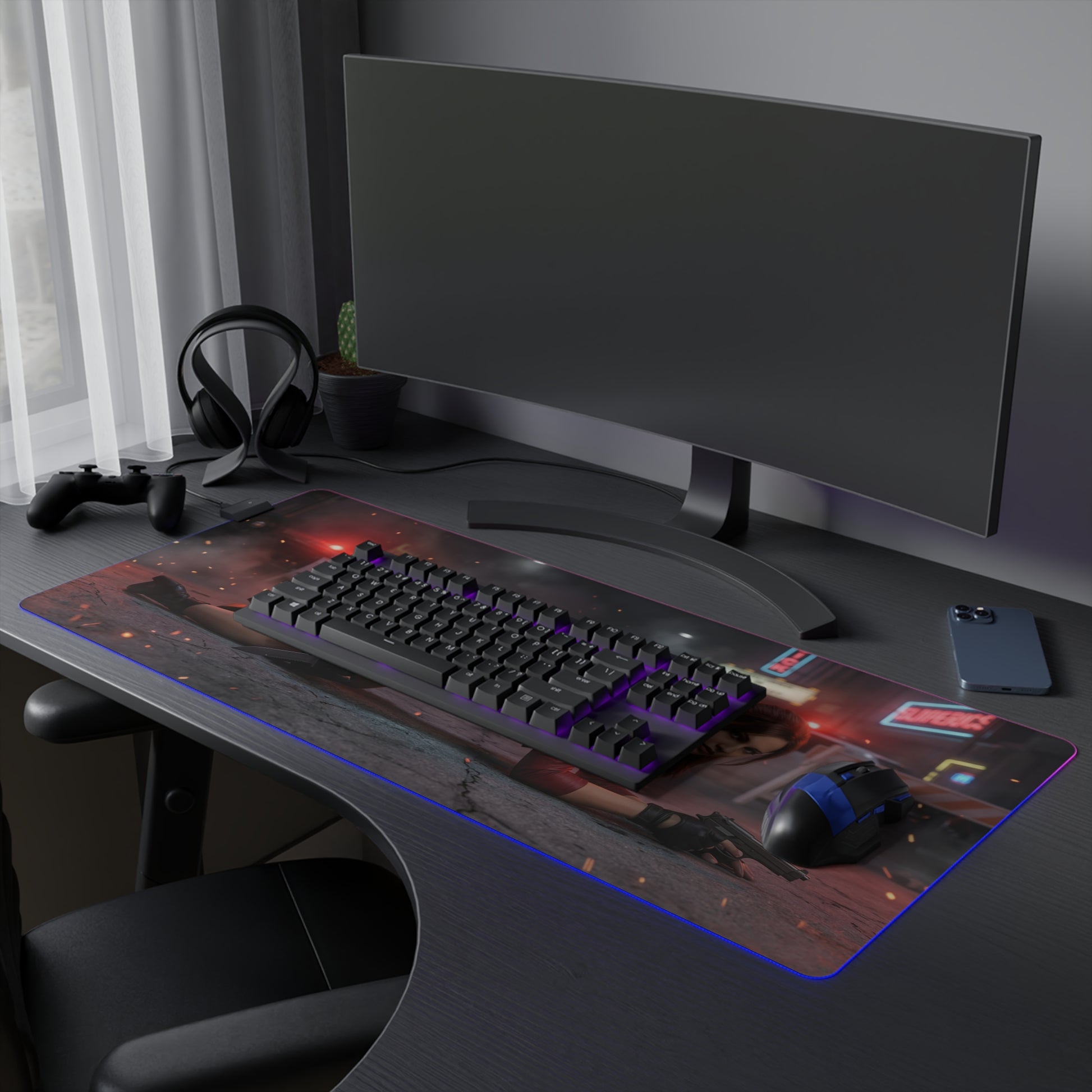 Resident Evil Mouse Pad, Claire Redfield RGB Gaming Desk Mat, Gift for Gamer, Gamer Room Decor — large RGB desk mat showing Claire-themed gaming setup