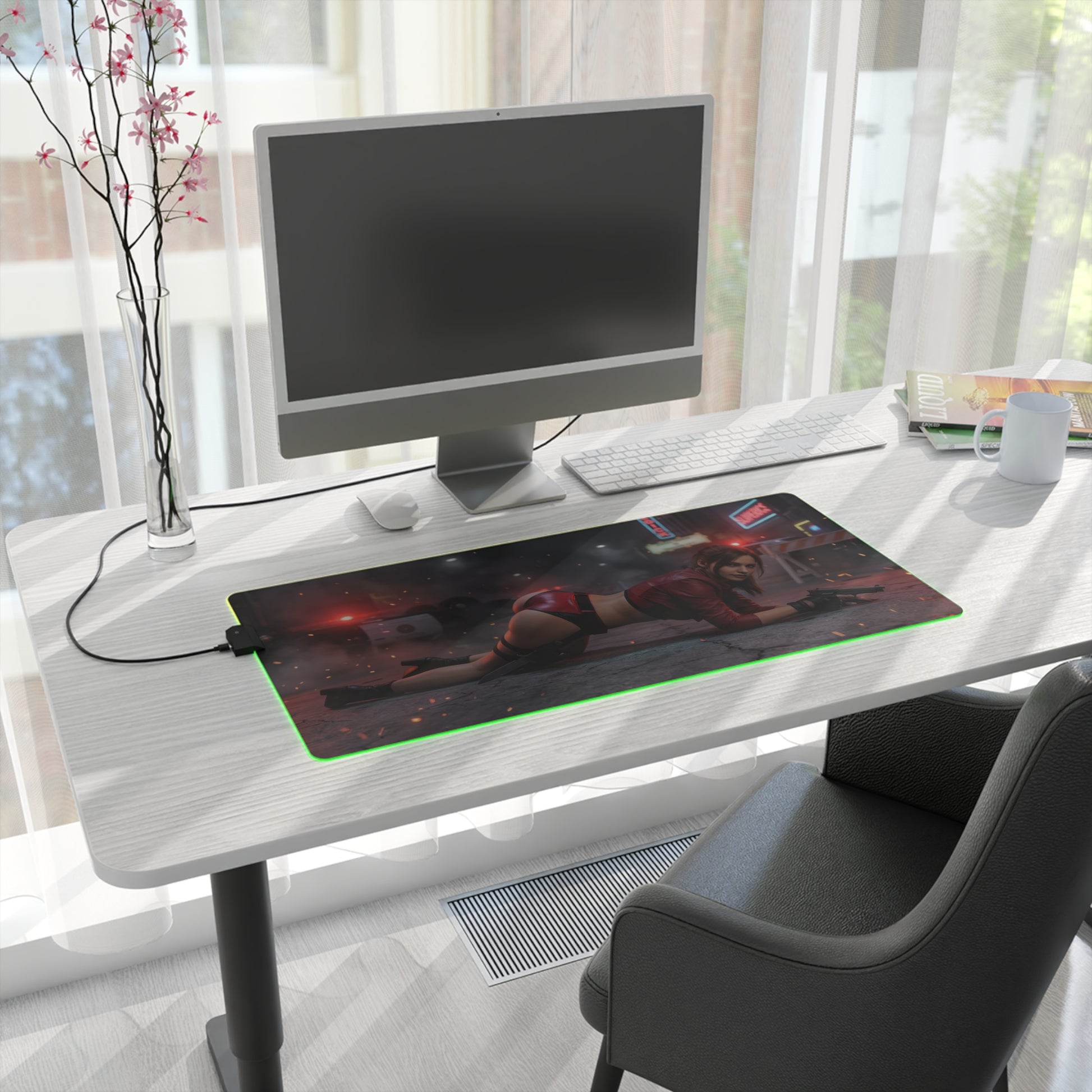Resident Evil Mouse Pad, Claire Redfield RGB Gaming Desk Mat, Gift for Gamer, Gamer Room Decor on white desk with green RGB edge and Claire Redfield art