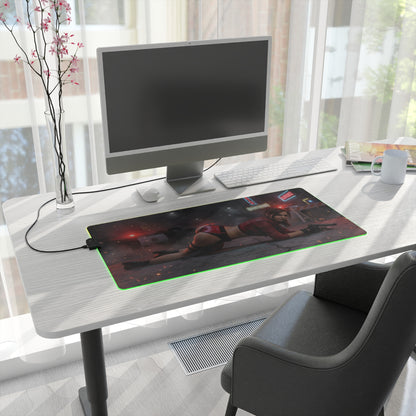 Resident Evil Mouse Pad, Claire Redfield RGB Gaming Desk Mat, Gift for Gamer, Gamer Room Decor on white desk with green RGB edge and Claire Redfield art