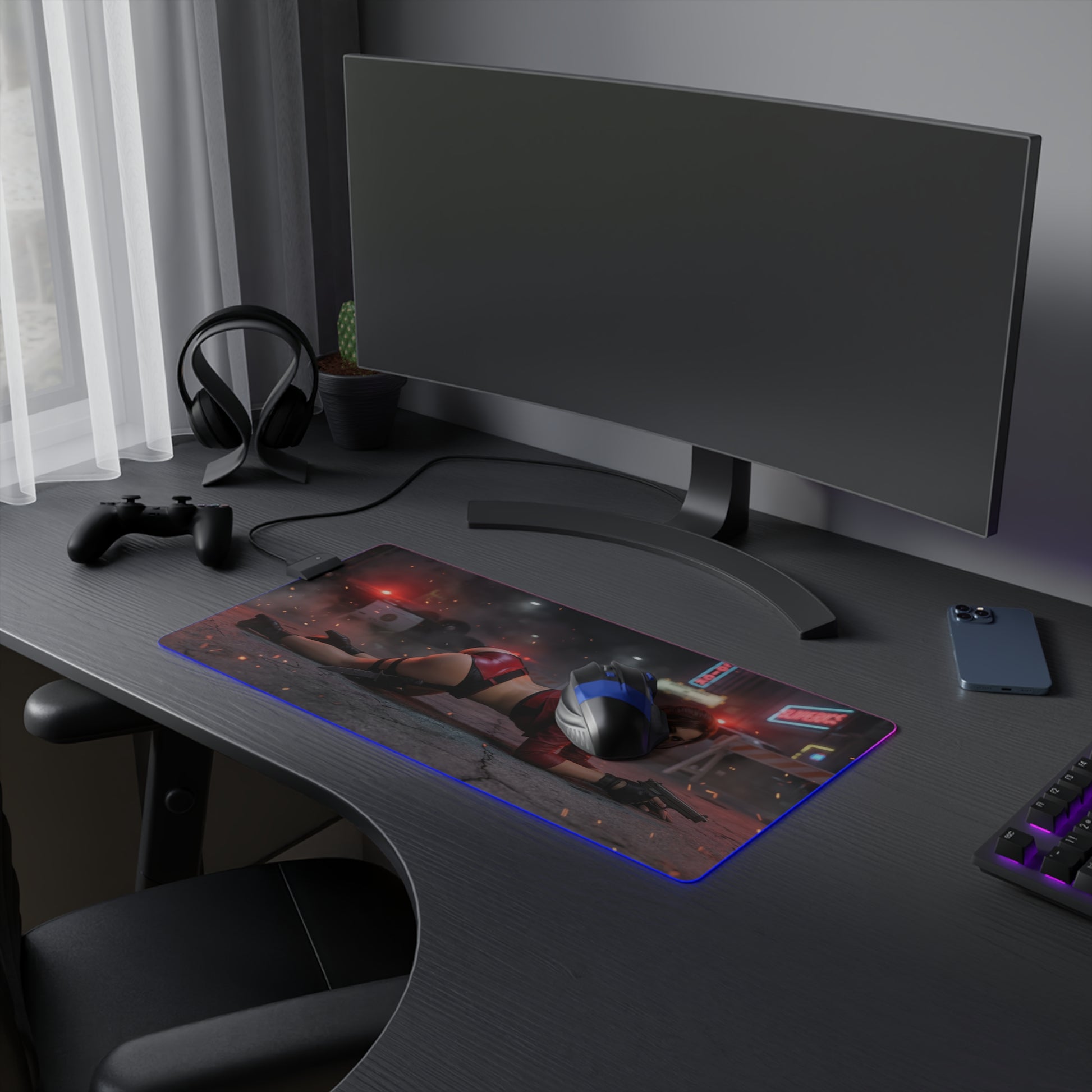 Resident Evil Mouse Pad, Claire Redfield RGB Gaming Desk Mat, Gift for Gamer, Gamer Room Decor showing Claire-themed RGB desk mat with gaming mouse and controller