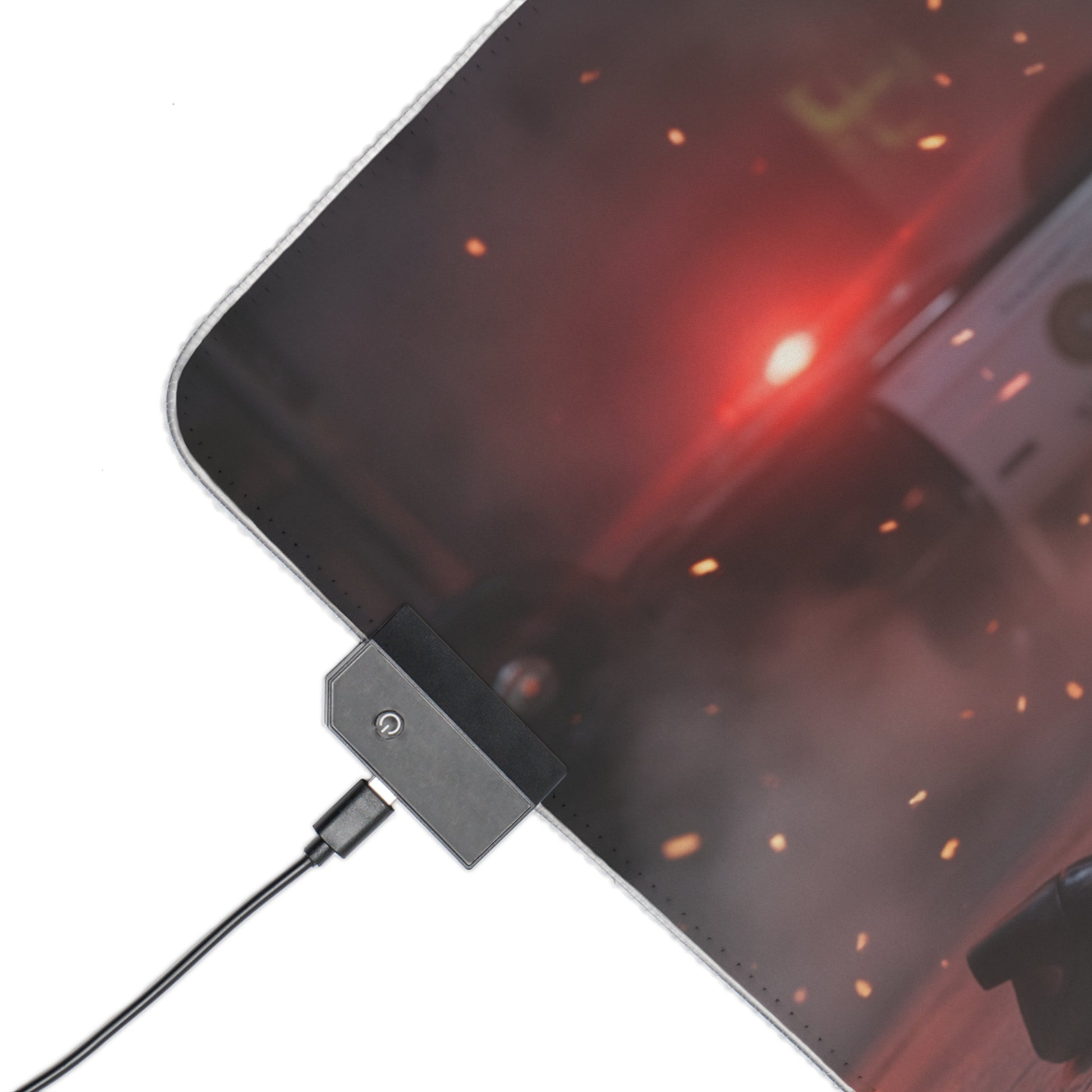 Resident Evil Mouse Pad, Claire Redfield RGB Gaming Desk Mat, Gift for Gamer, Gamer Room Decor – close-up RGB corner with USB connector and textured precision-cloth surface