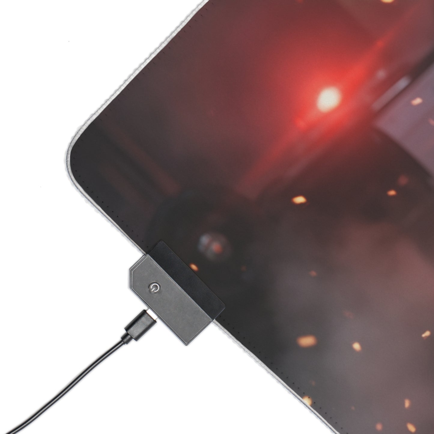 Resident Evil Mouse Pad, Claire Redfield RGB Gaming Desk Mat, Gift for Gamer, Gamer Room Decor — close-up corner with USB RGB controller and smooth cloth surface