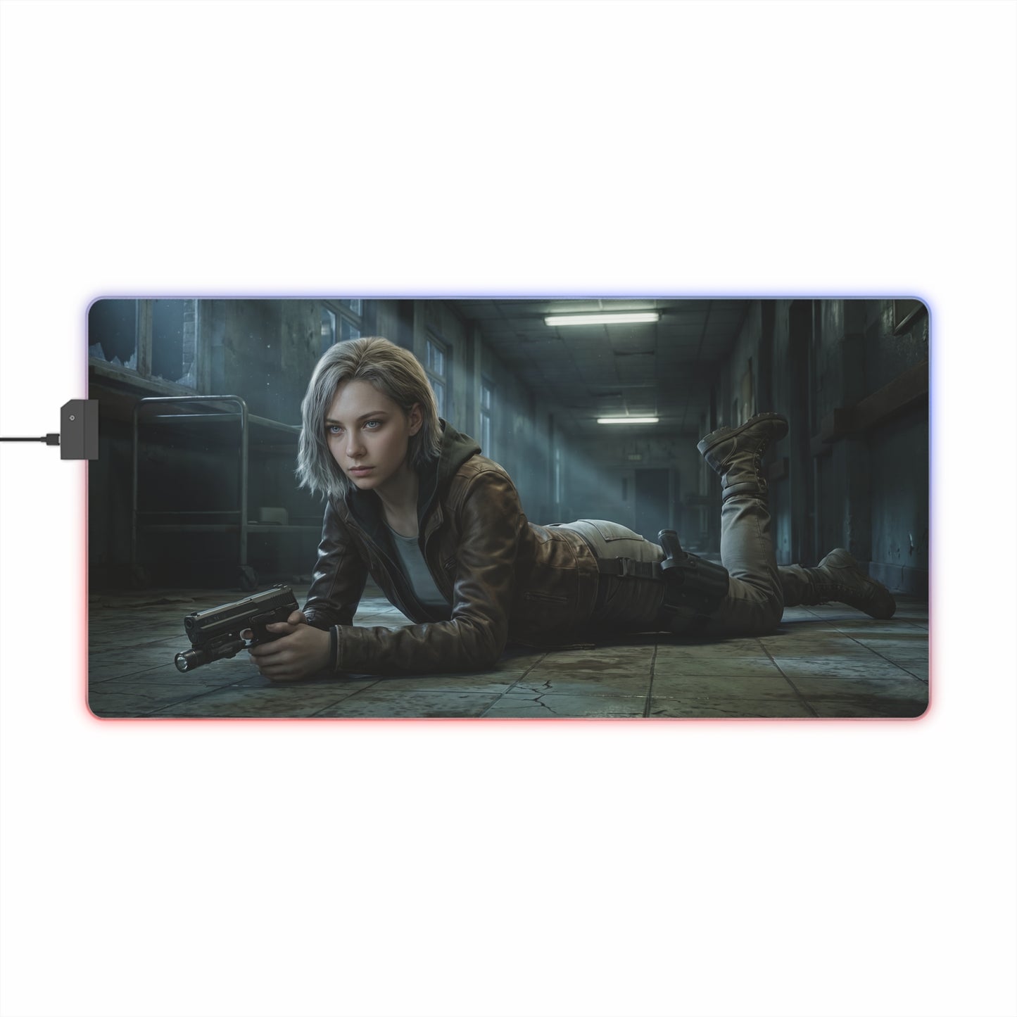 Resident Evil RGB Mouse Pad Grace Ashcroft Gaming Desk Mat Gamer Gift featuring Grace Ashcroft prone with handgun on cinematic RGB desk mat