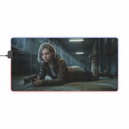 Resident Evil RGB Mouse Pad Grace Ashcroft Gaming Desk Mat Gamer Gift featuring Grace Ashcroft prone with handgun on cinematic RGB desk mat