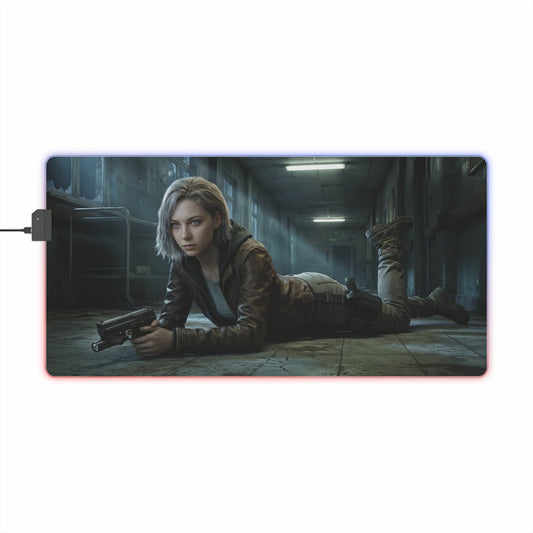 Resident Evil RGB Mouse Pad Grace Ashcroft Gaming Desk Mat Gamer Gift featuring Grace Ashcroft prone with handgun on cinematic RGB desk mat