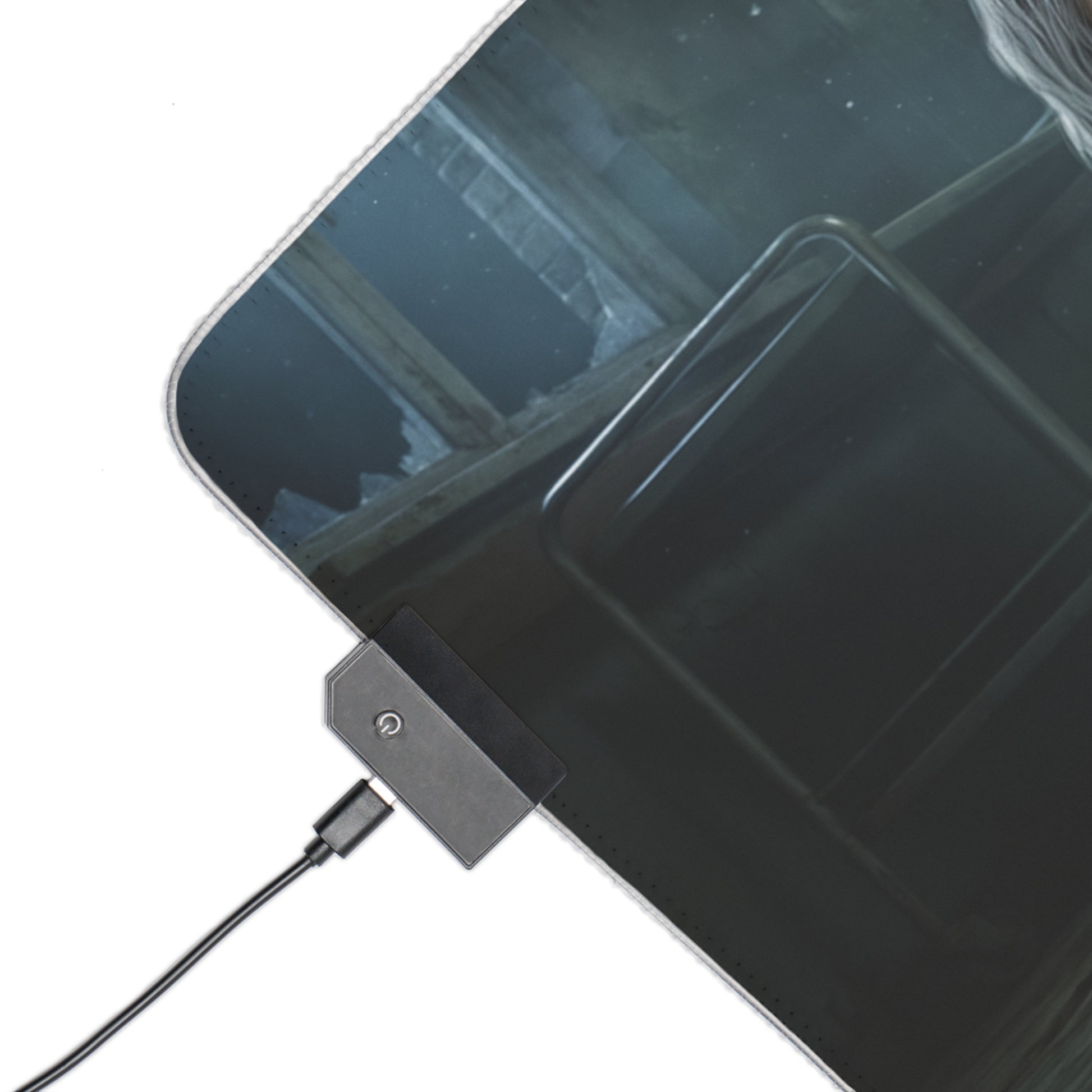 Resident Evil RGB Mouse Pad Grace Ashcroft Gaming Desk Mat Gamer Gift – corner close-up showing USB RGB controller and textured stitched edge