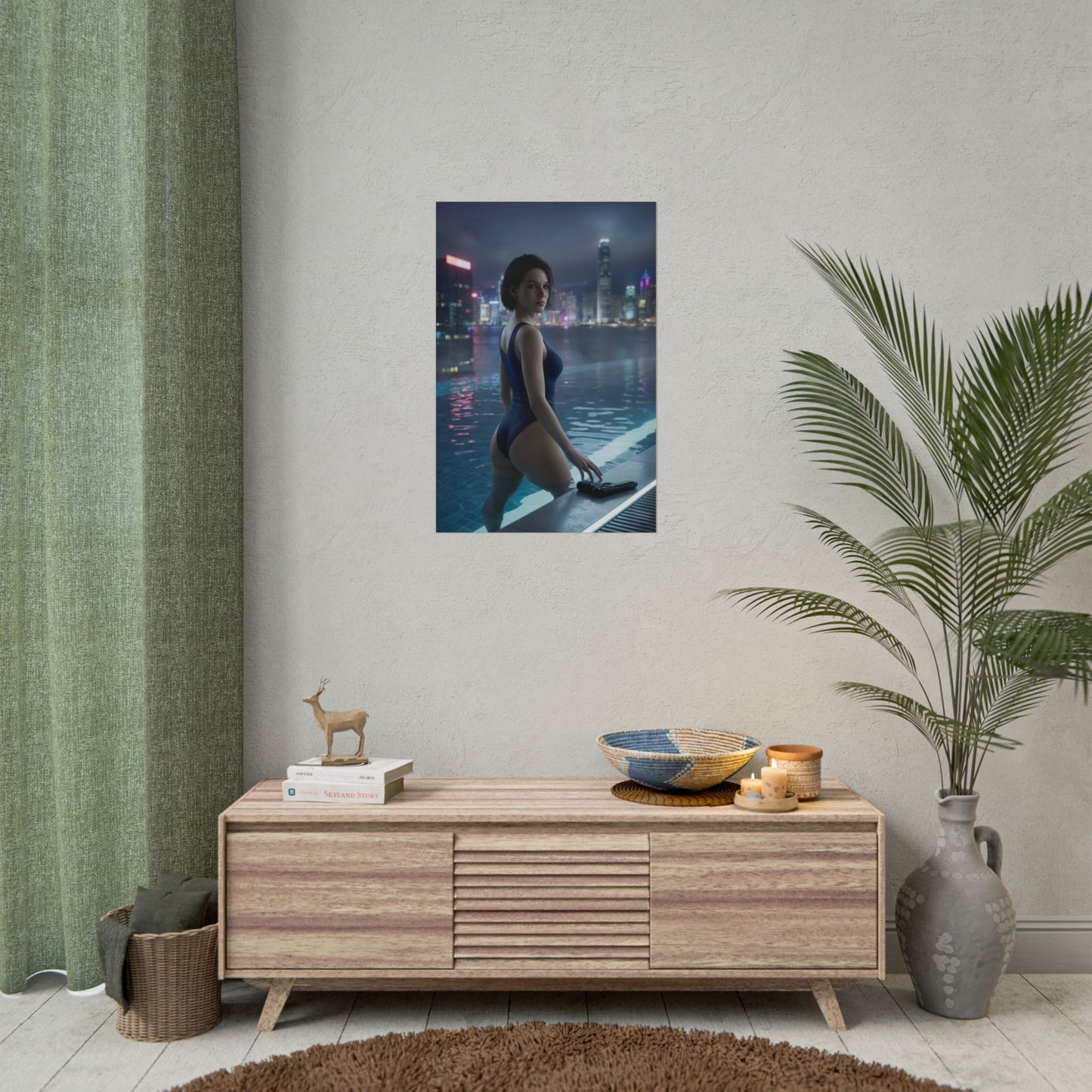 Resident Evil Poster – Jill Valentine Art Print, Survival Horror Wall Art of Jill at rooftop pool with neon city skyline reflections
