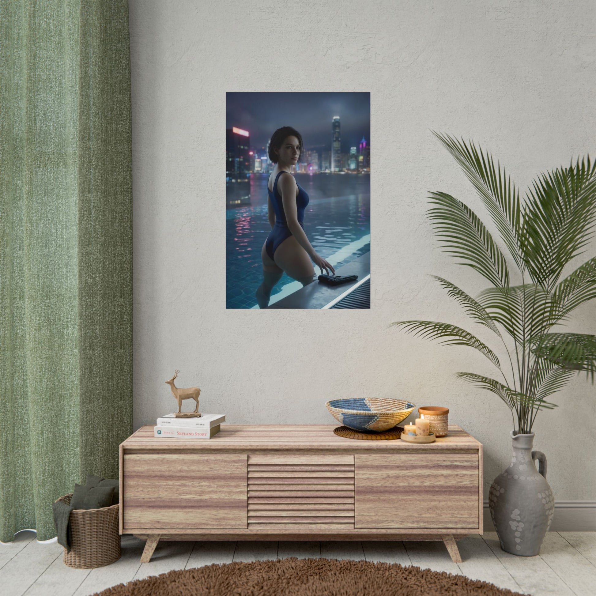Resident Evil Poster – Jill Valentine Art Print, Survival Horror Wall Art showing Jill in rooftop pool with neon city skyline reflections