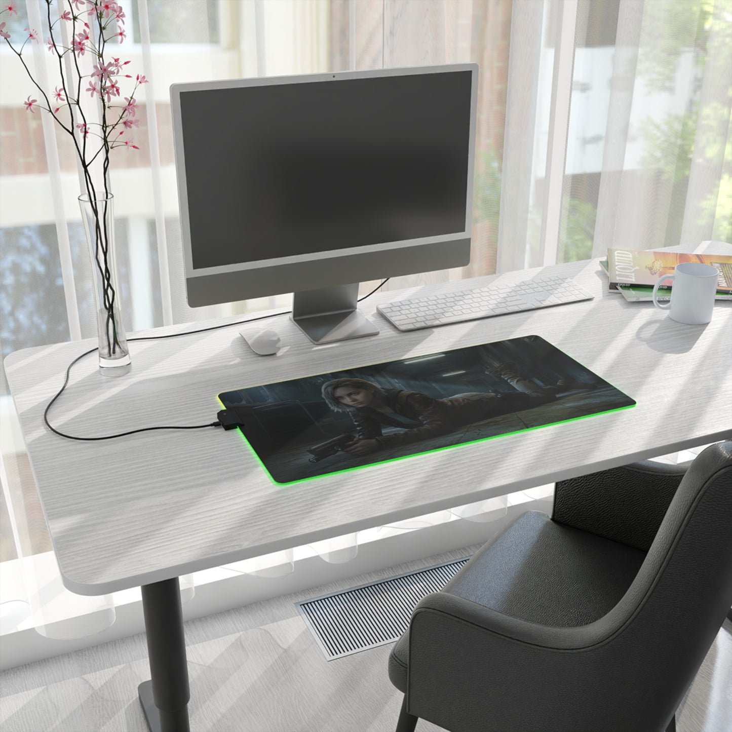 Resident Evil RGB Mouse Pad Grace Ashcroft Gaming Desk Mat Gamer Gift - long RGB desk mat with Grace Ashcroft artwork on a modern gaming workstation