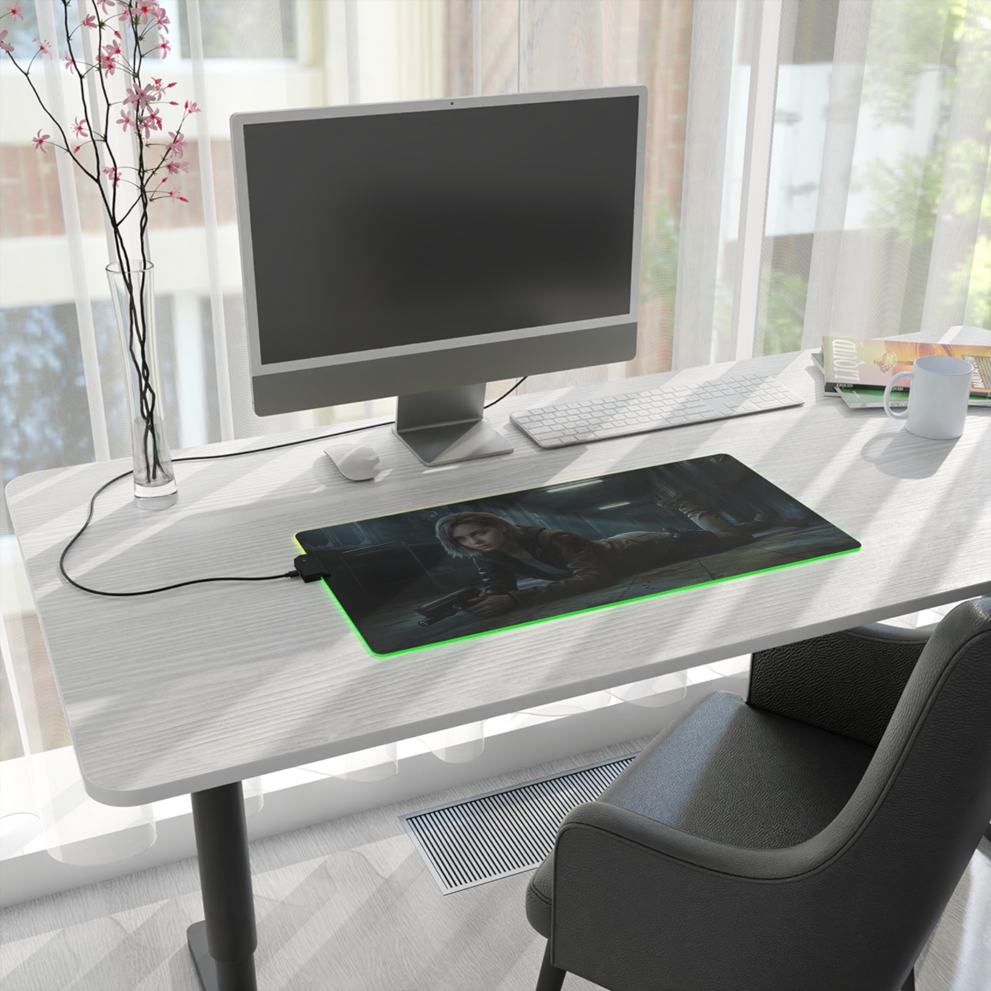 Resident Evil RGB Mouse Pad Grace Ashcroft Gaming Desk Mat Gamer Gift - long RGB desk mat with Grace Ashcroft artwork on a modern gaming workstation