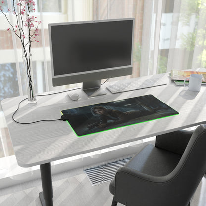 Resident Evil RGB Mouse Pad Grace Ashcroft Gaming Desk Mat Gamer Gift - long RGB desk mat with Grace Ashcroft artwork on a modern gaming workstation