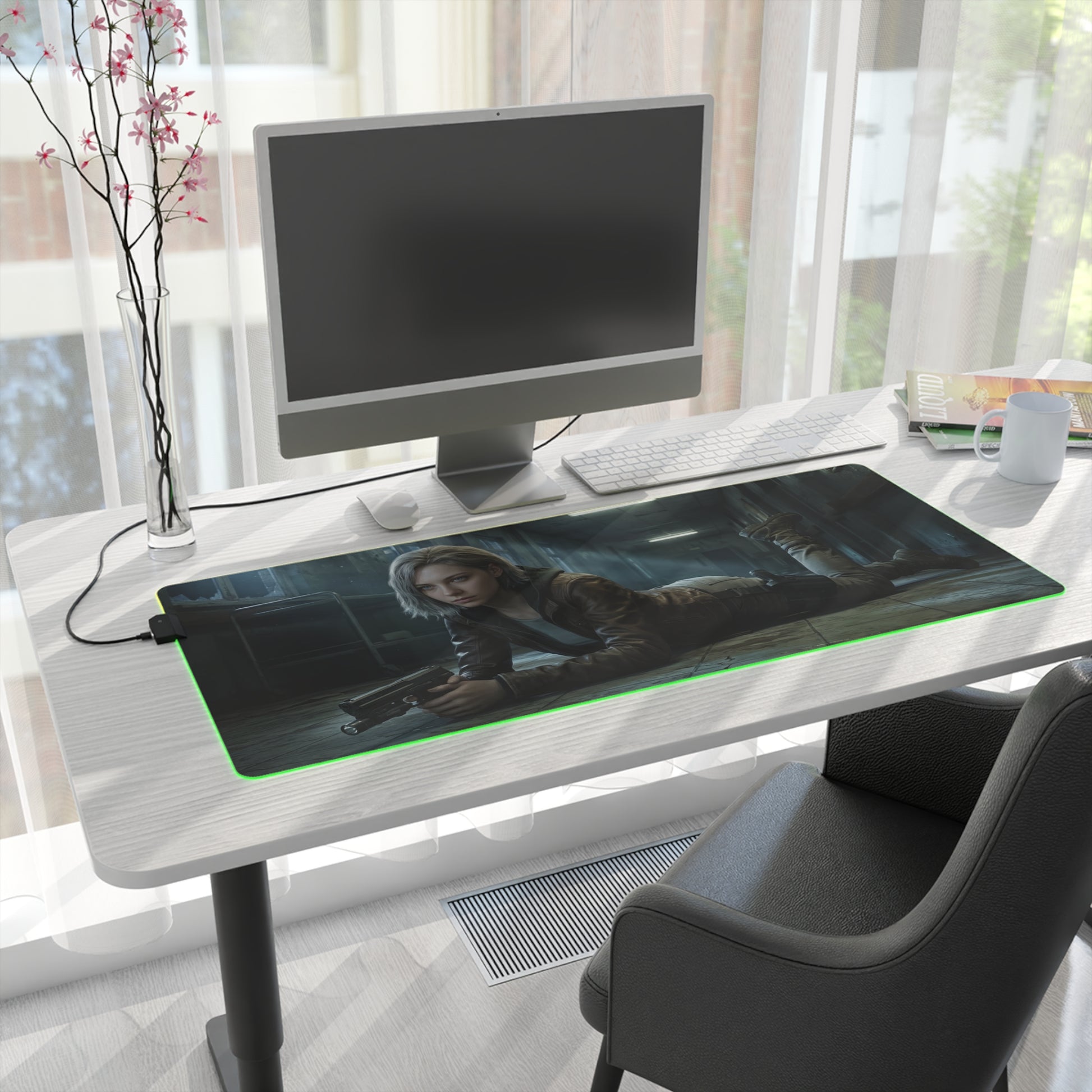 Resident Evil RGB Mouse Pad Grace Ashcroft Gaming Desk Mat Gamer Gift on modern white desk with PC, green RGB edge and character artwork