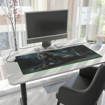 Resident Evil RGB Mouse Pad Grace Ashcroft Gaming Desk Mat Gamer Gift on modern white desk with PC, green RGB edge and character artwork