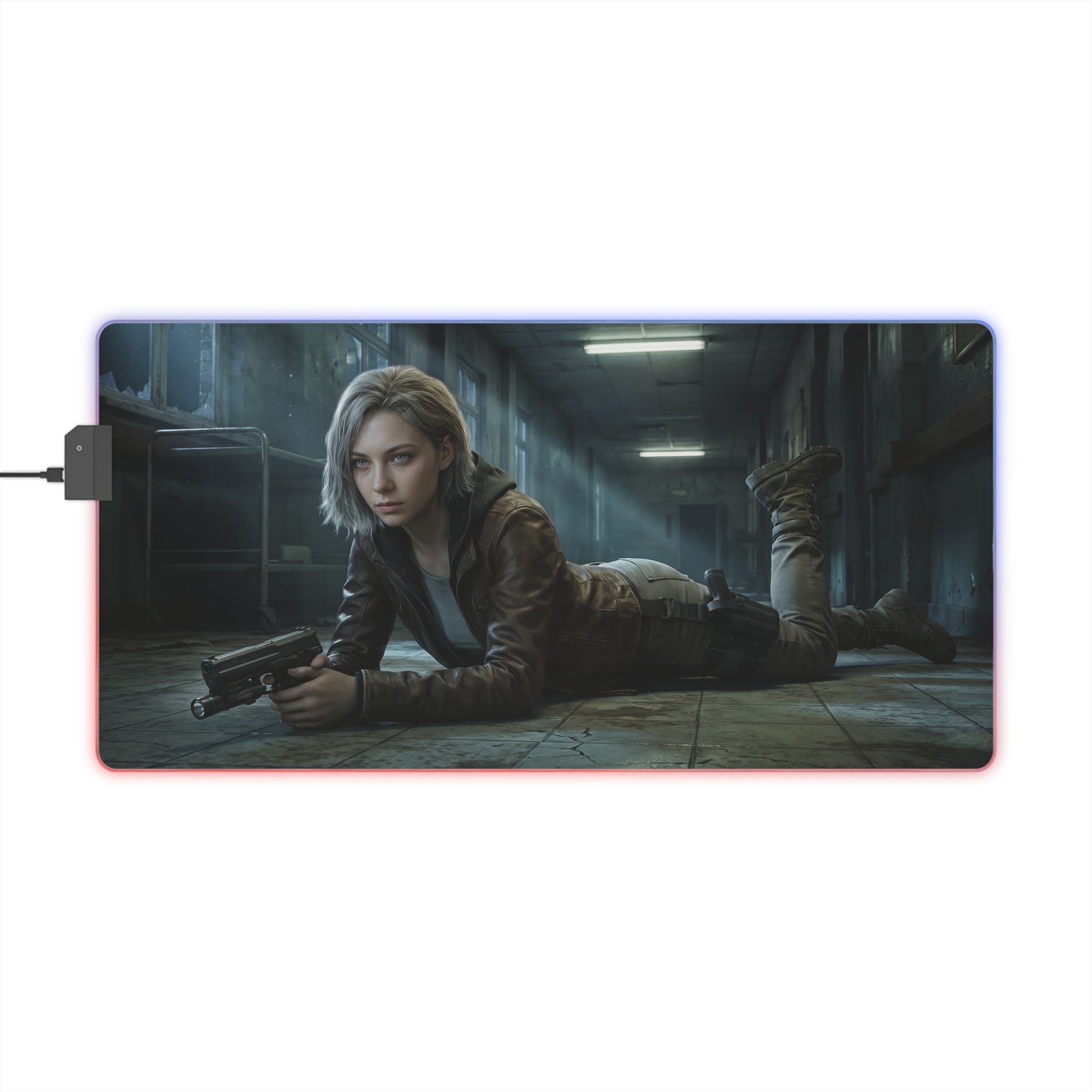 Resident Evil RGB Mouse Pad Grace Ashcroft Gaming Desk Mat Gamer Gift - cinematic RGB desk mat featuring Grace Ashcroft lying with pistol
